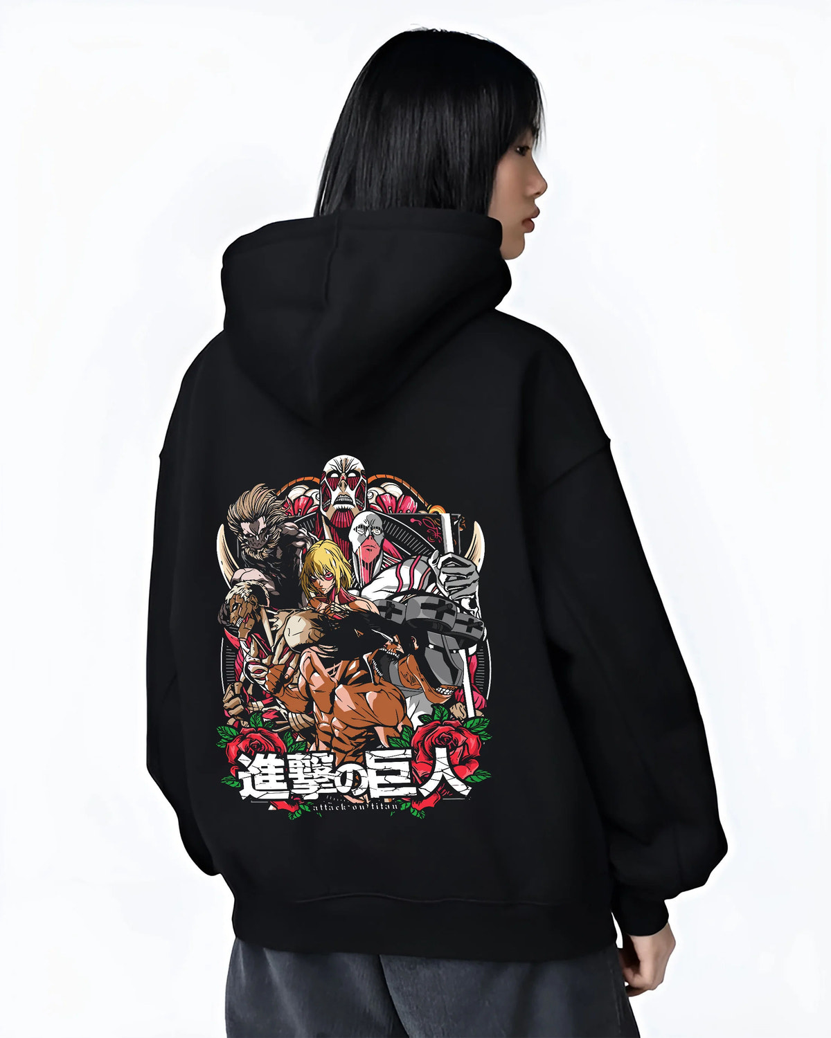 Black hoodie female model back view showing Attack on Titan: character and Titan group artwork