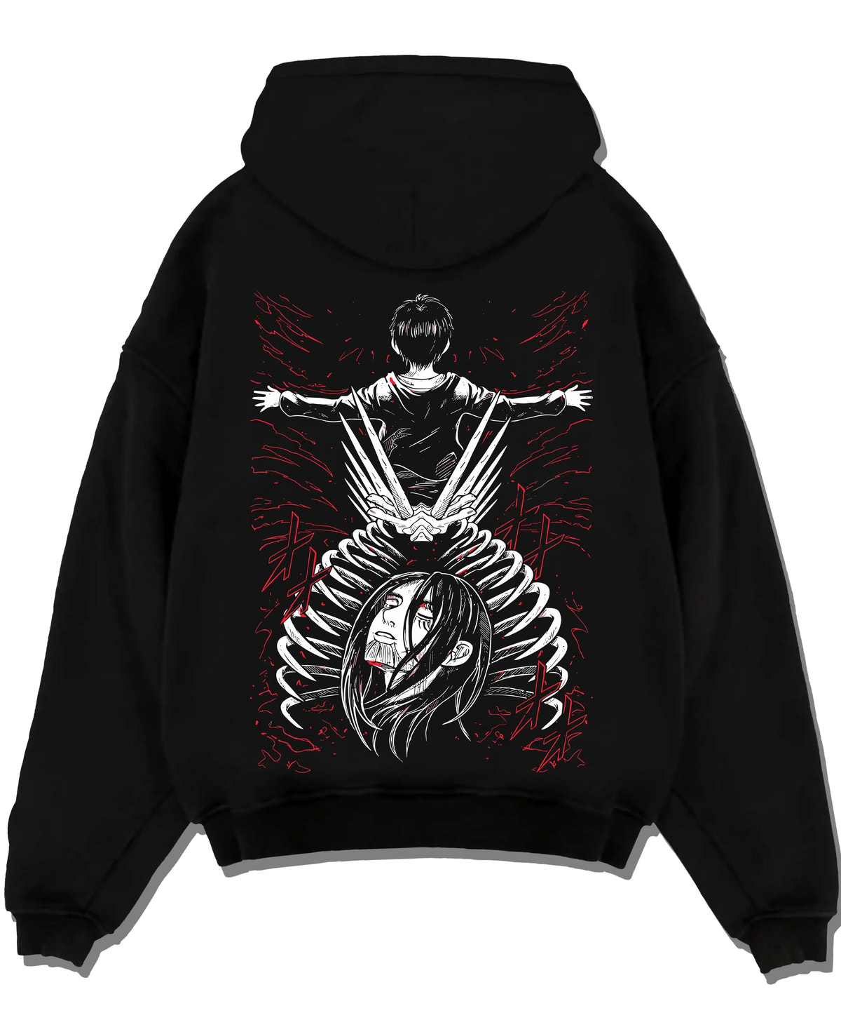 Black pullover hoodie laid flat with Eren Founding Titan Hoodie Attack on Titan Transformation graphic premium wear.