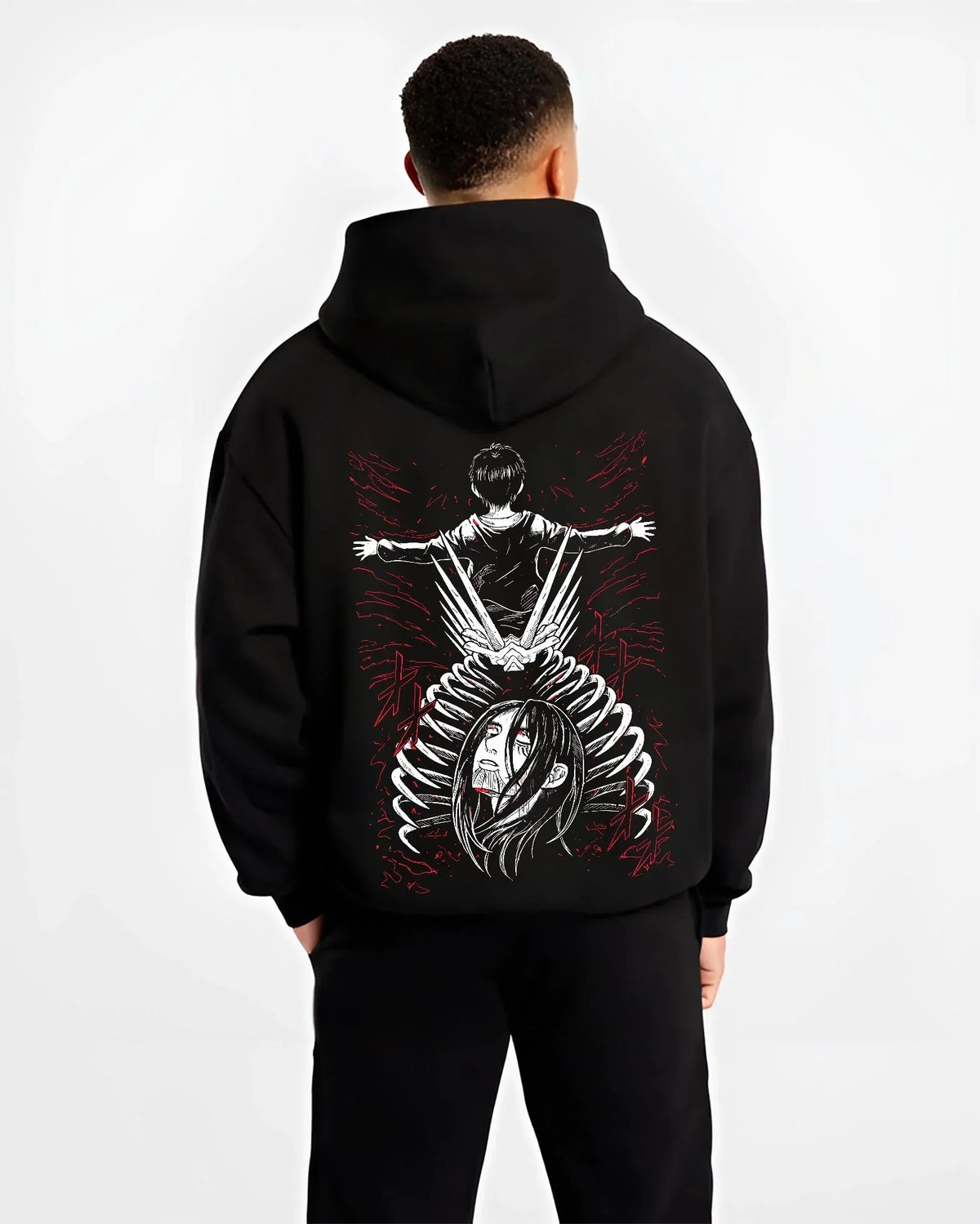 Black hoodie worn by male model, back view with Eren Founding Titan Hoodie Attack on Titan Transformation graphic bold anime graphic.