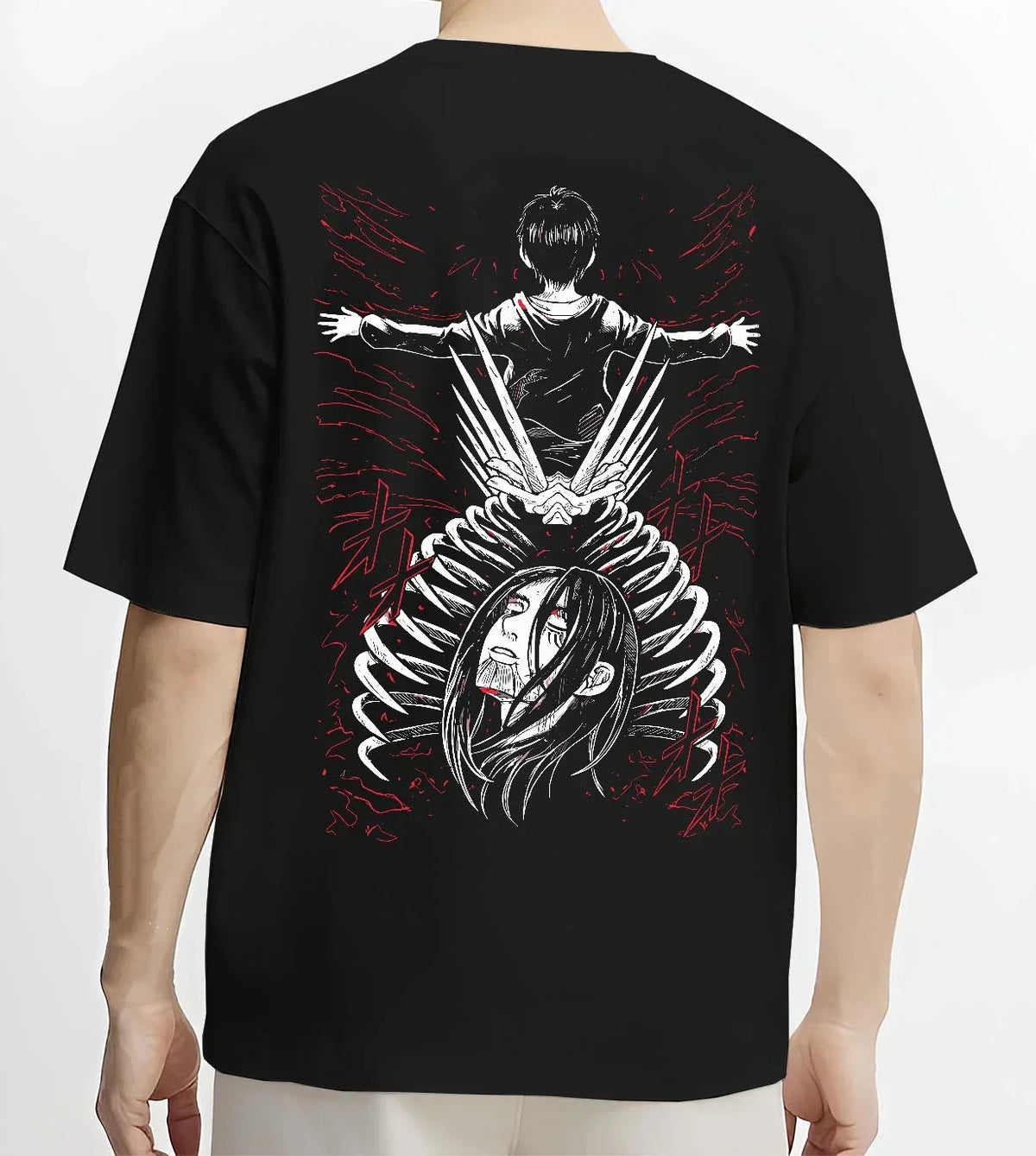 Black T-shirt worn by male model, back view with Eren Founding Titan Hoodie Attack on Titan Transformation graphic bold anime graphic.