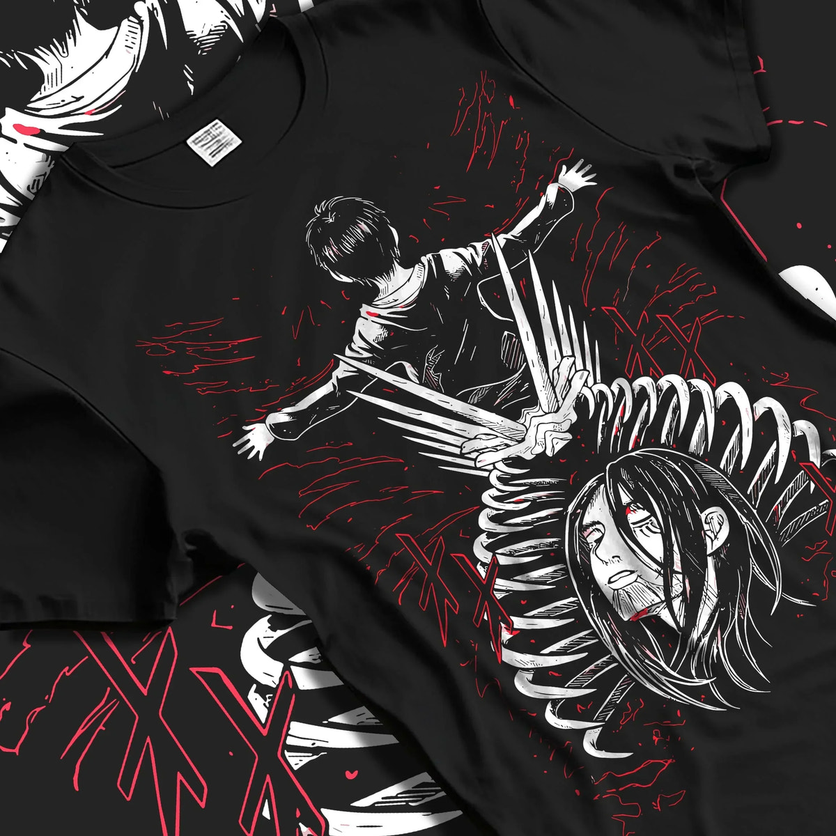 Black T-shirt laid flat with natural folds with Eren Founding Titan Hoodie Attack on Titan Transformation graphic streetwear graphic.