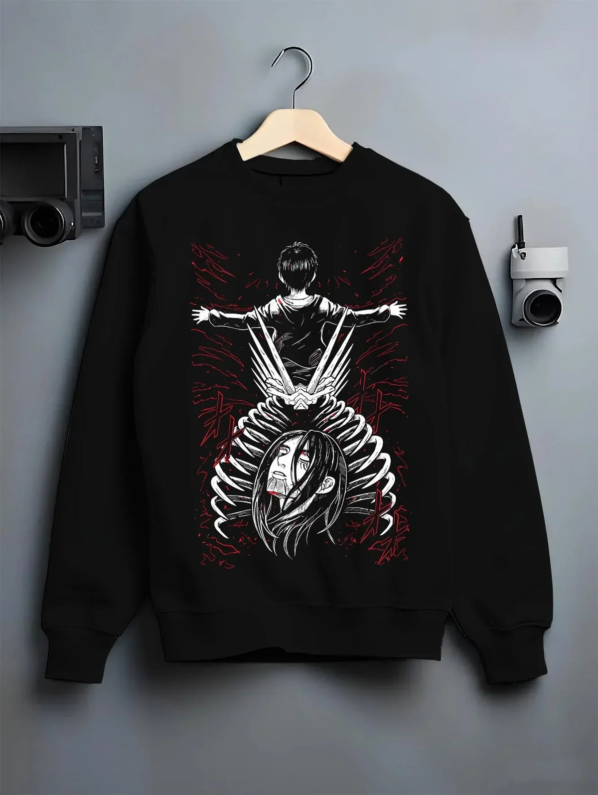 Black crewneck sweatshirt on hanger with Eren Founding Titan Hoodie Attack on Titan Transformation graphic bold anime graphic.