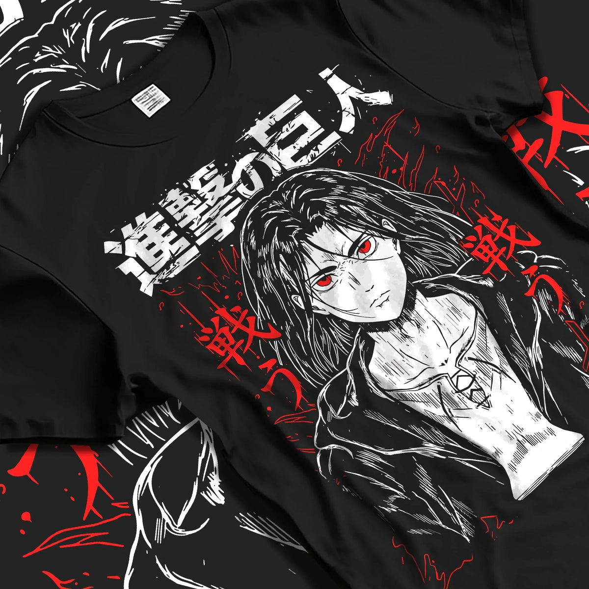Black T-shirt laid flat with natural folds with Eren Yeager Hoodie Attack on Titan War Cry Panel Print graphic streetwear graphic.