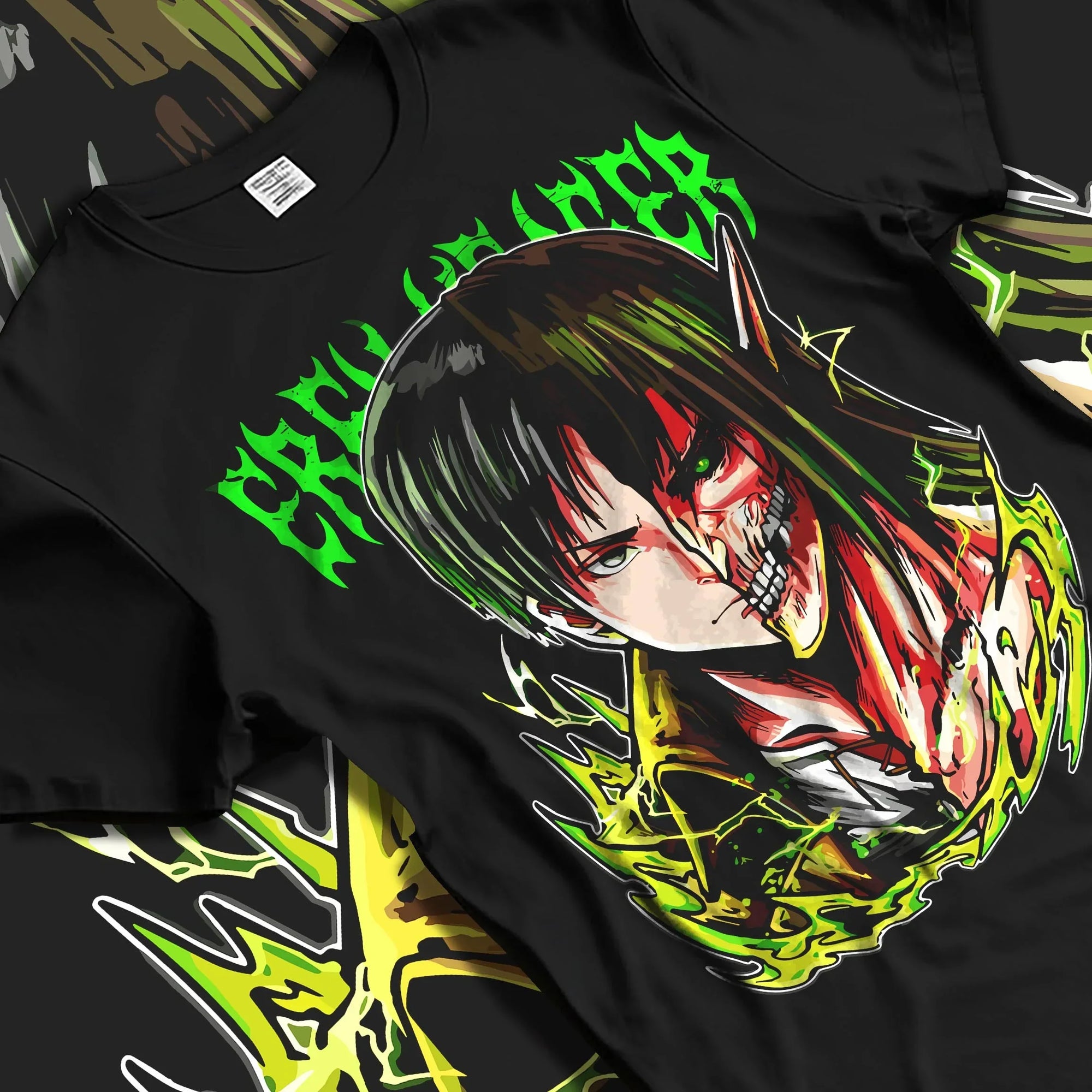 Black T-shirt laid flat with natural folds with Eren Yeager Hoodie Attack on Titan Half Titan Portrait graphic streetwear graphic.