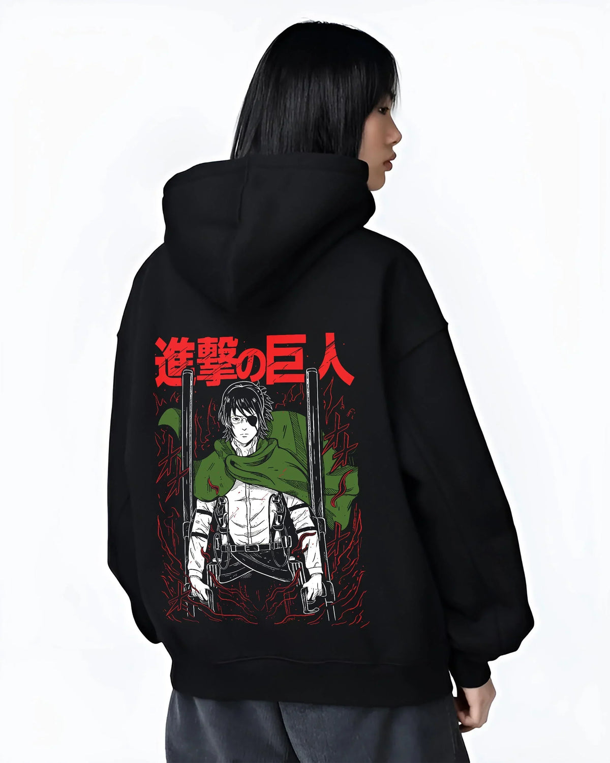 Black hoodie worn by female model, back view with Levi Ackerman Hoodie Attack on Titan Captain Blade Pose graphic premium wear.