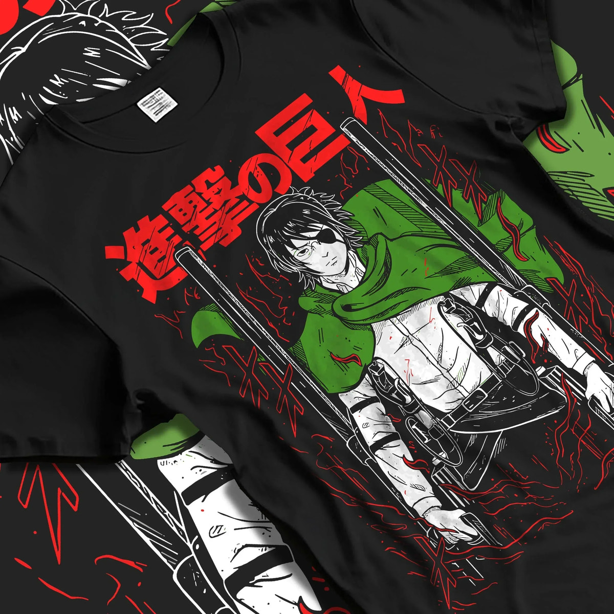 Black T-shirt laid flat with natural folds with Levi Ackerman Hoodie Attack on Titan Captain Blade Pose graphic streetwear graphic.