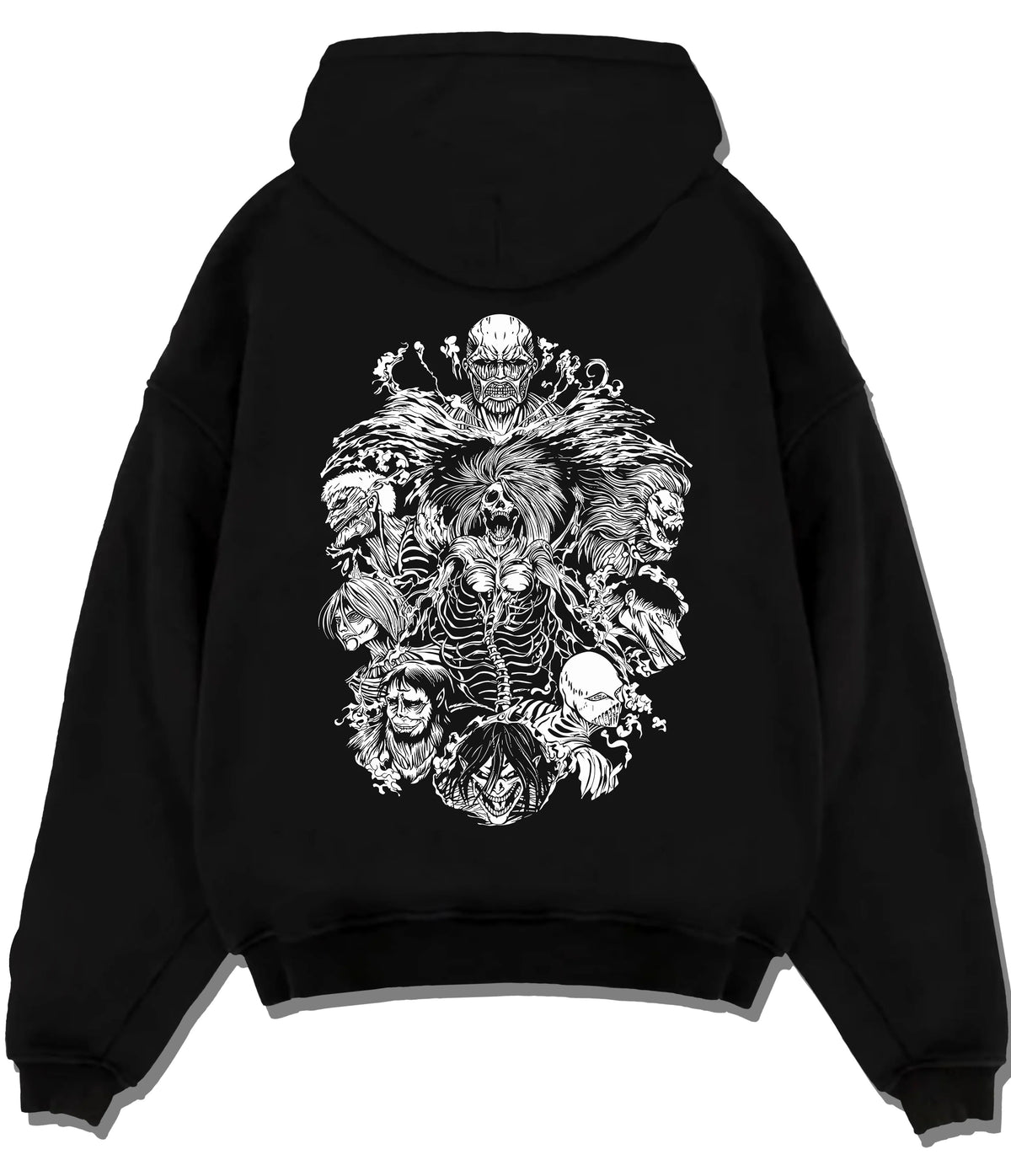 Black hoodie flat back view showing Attack on Titan: Titans ensemble