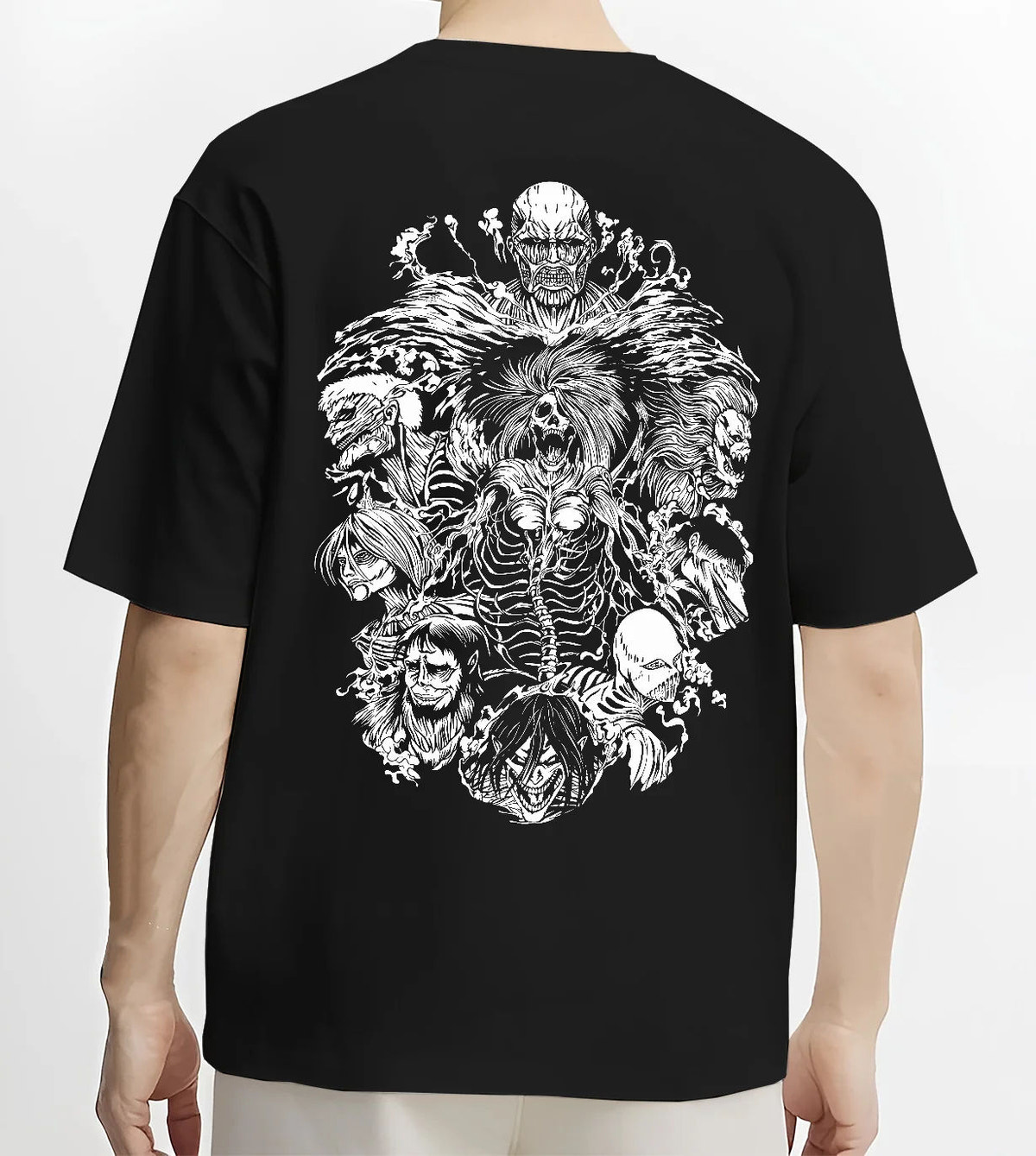 Black T-shirt model back view showing Attack on Titan: Titans ensemble