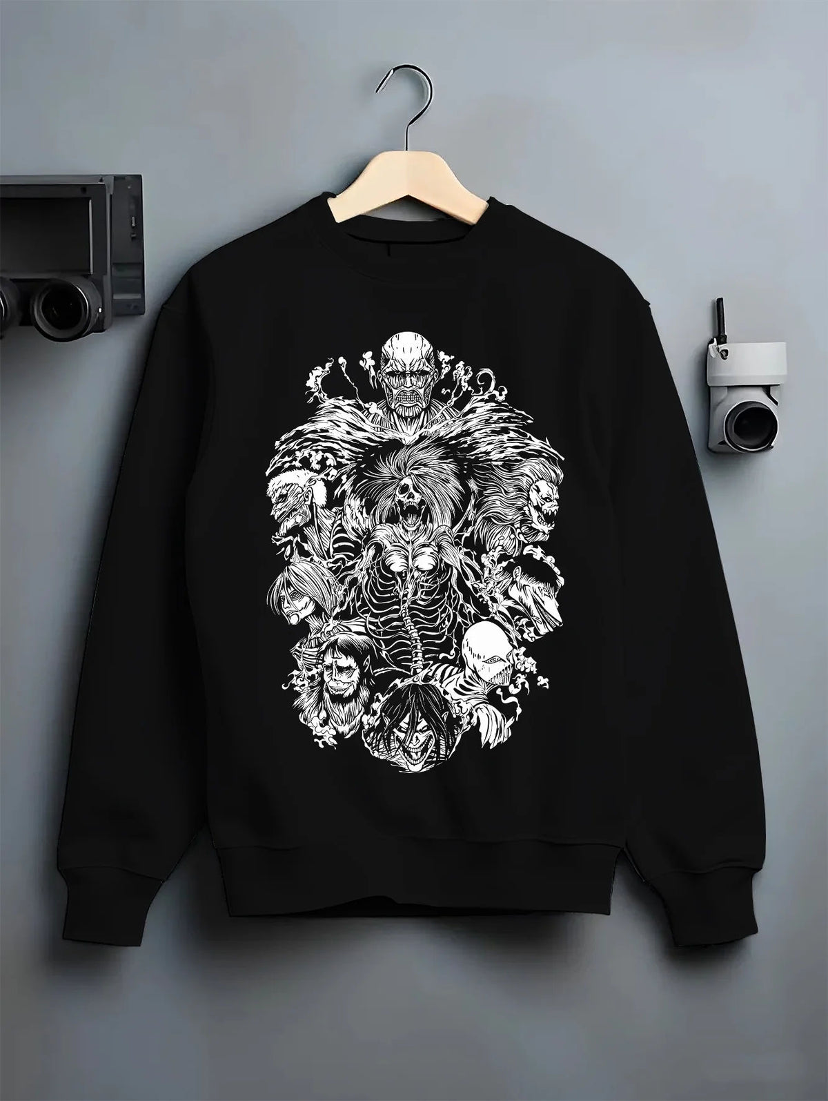 Black crewneck sweatshirt on hanger showing Attack on Titan: Titans ensemble
