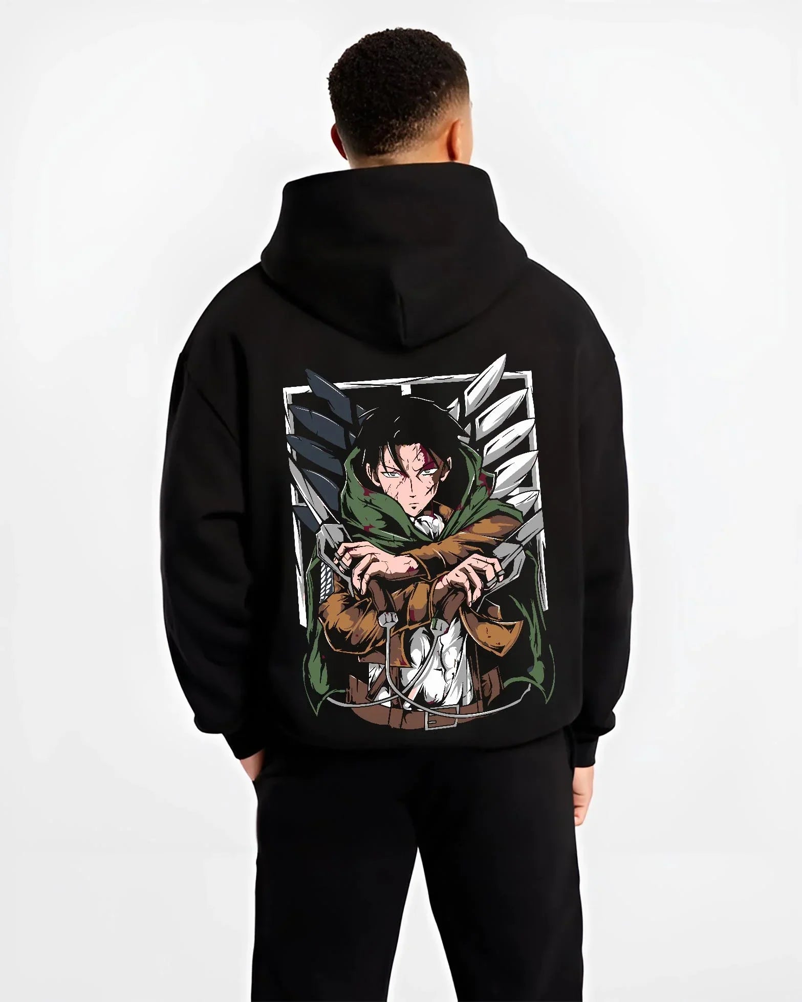 Black hoodie worn by male model, back view with Levi Ackerman Hoodie Attack on Titan Green Cloak Battle graphic premium wear.