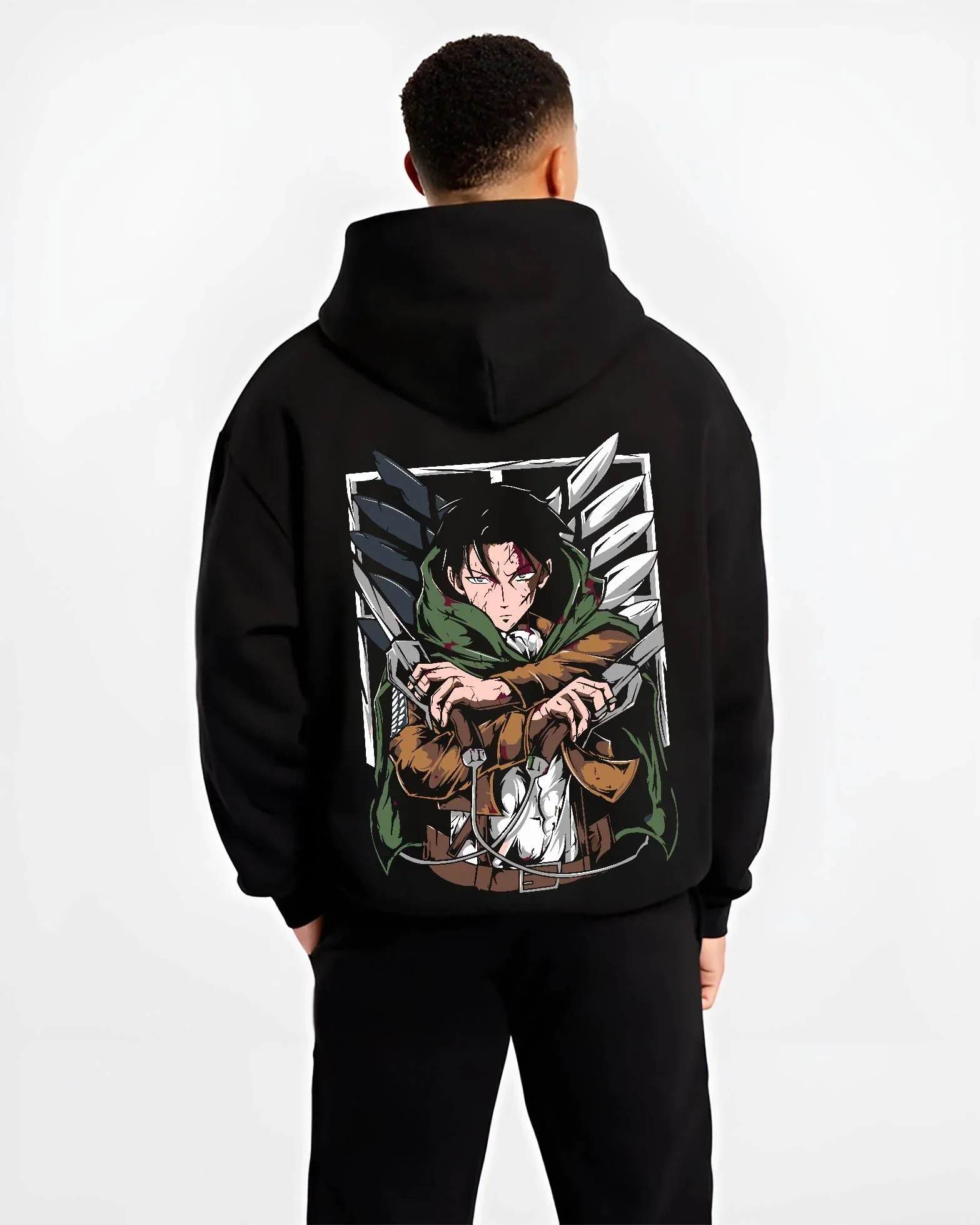 Black hoodie worn by male model, back view with Levi Ackerman Hoodie Attack on Titan Green Cloak Battle graphic premium wear.
