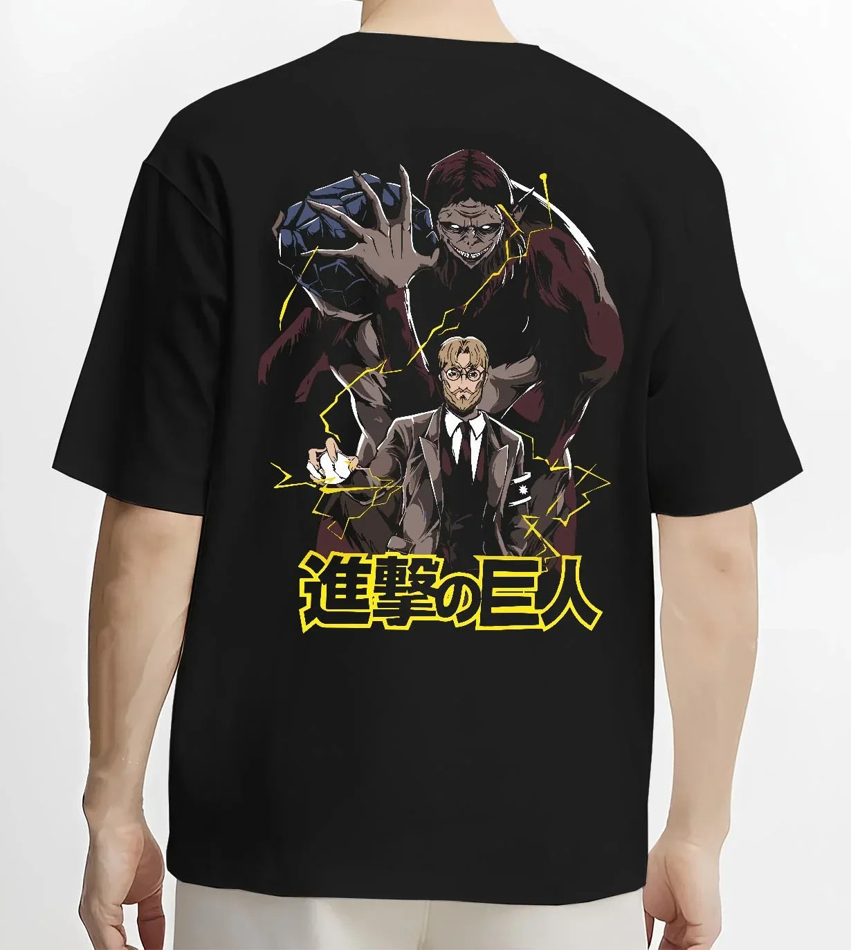Black T-shirt worn by male model, back view with Zeke Yeager Hoodie Attack on Titan Beast Titan Control graphic bold anime graphic.