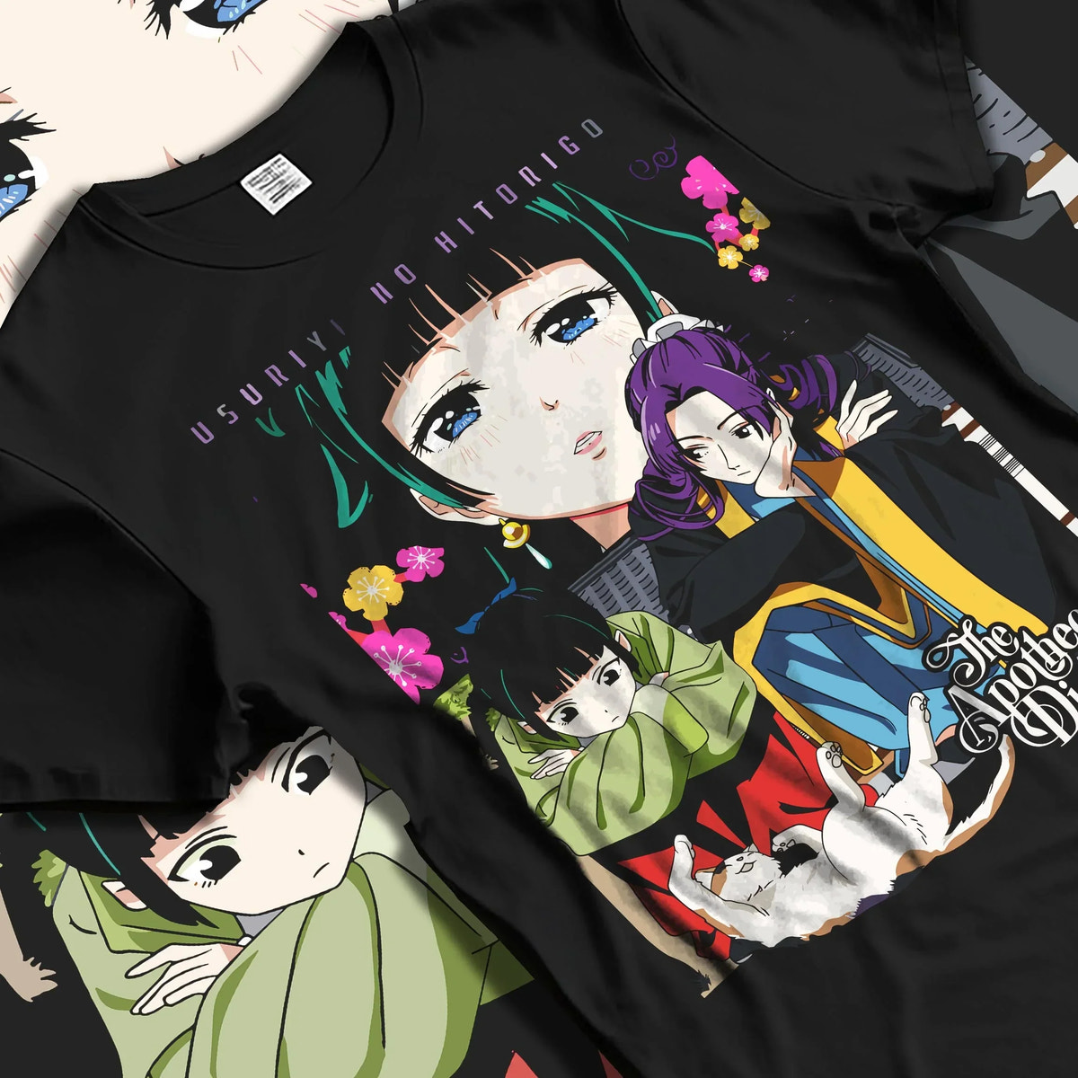 Black T-shirt laid flat with natural folds with Apothecary Diaries Hoodie Jinshi and Maomao Duo Scene graphic premium wear.