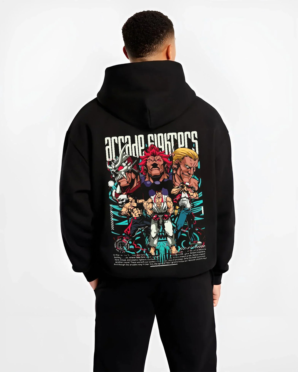 Black hoodie worn by male model, back view with Arcade Legends Fighter Hoodie Street Fighter Fatal Fury graphic premium wear.