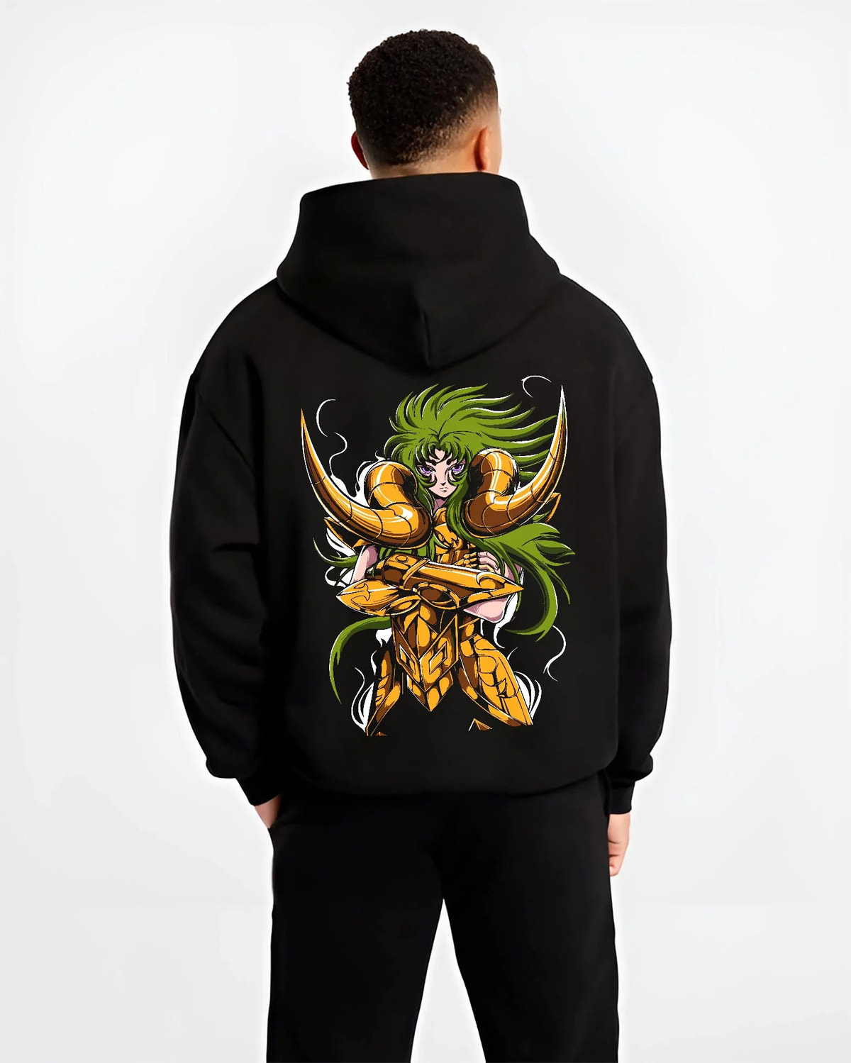 Black hoodie worn by male model from the back featuring Aries Mu Gold Saint Saint Seiya zodiac armour artwork.