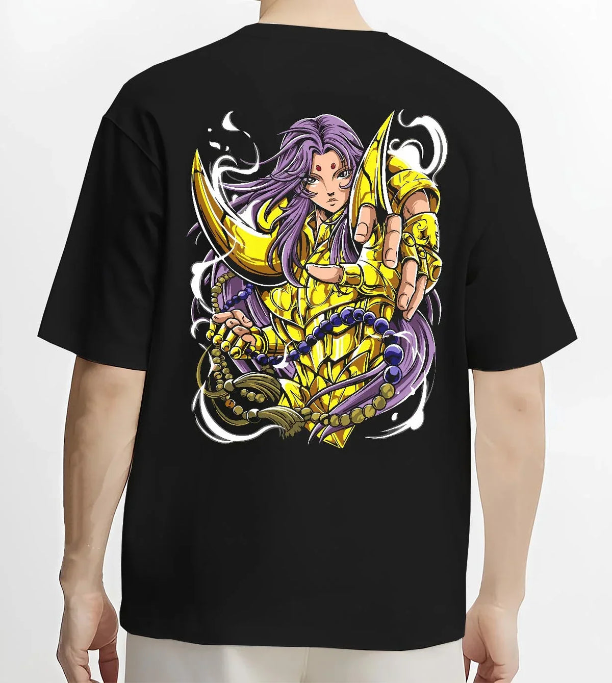 Black T-shirt worn by male model, back view with Aries Gold Saint Hoodie Saint Seiya Celestial Zodiac graphic Mu anime design.