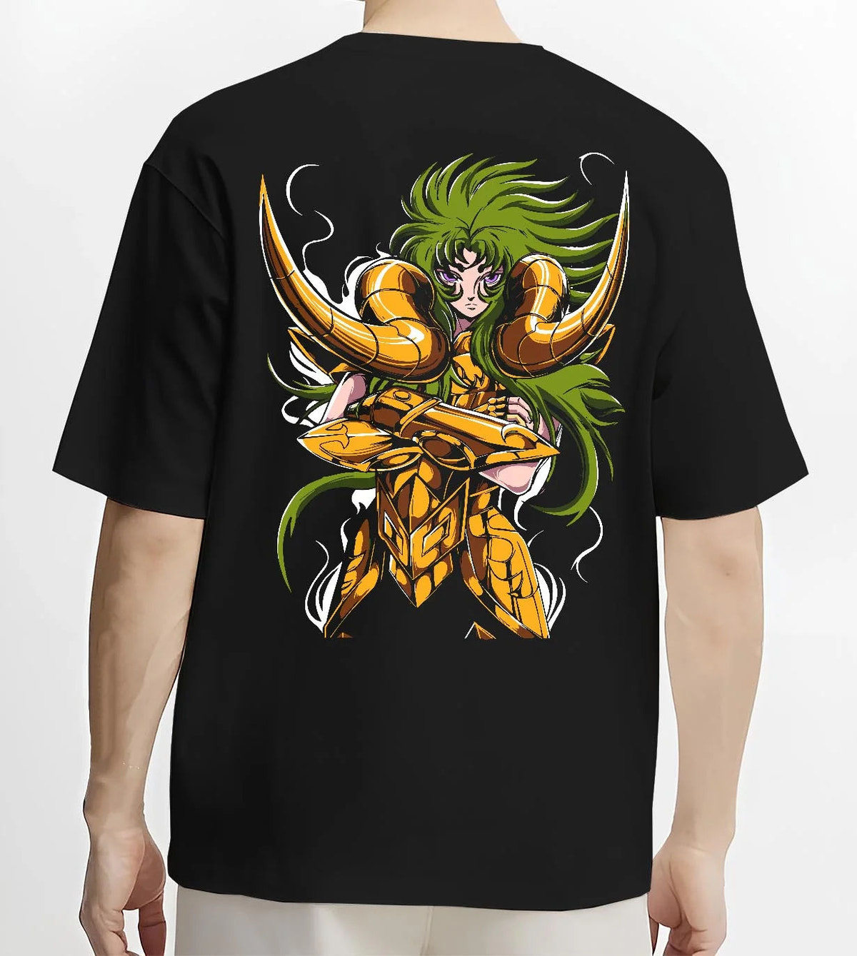 Black T-shirt worn by male model from the back featuring Aries Mu Gold Saint Saint Seiya zodiac armour artwork.