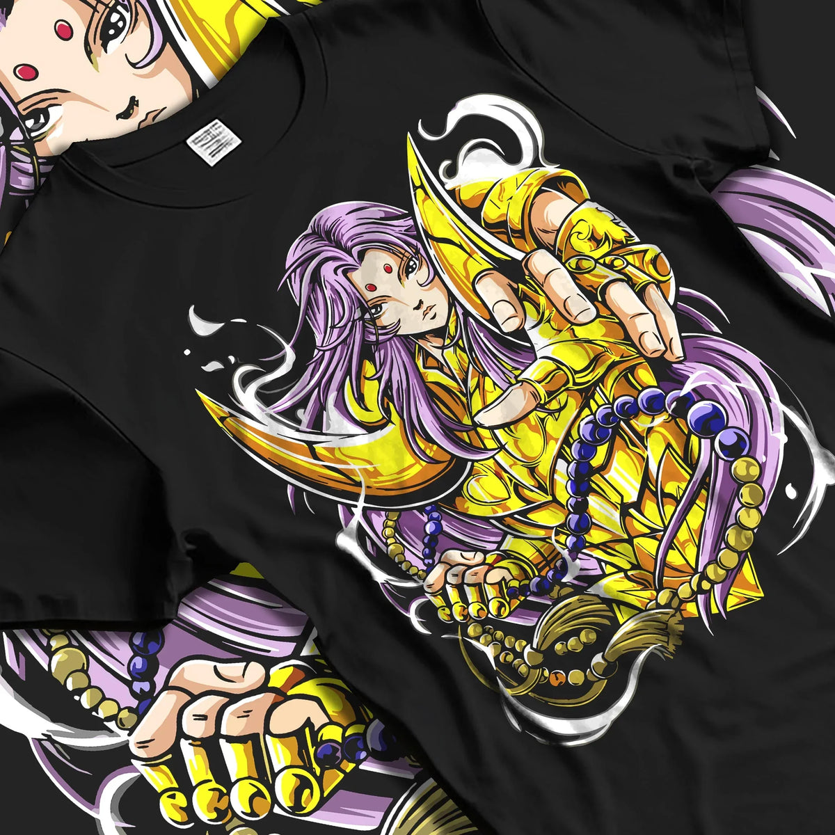 Black T-shirt laid flat with natural folds with Aries Gold Saint Hoodie Saint Seiya Celestial Zodiac graphic bold anime graphic.