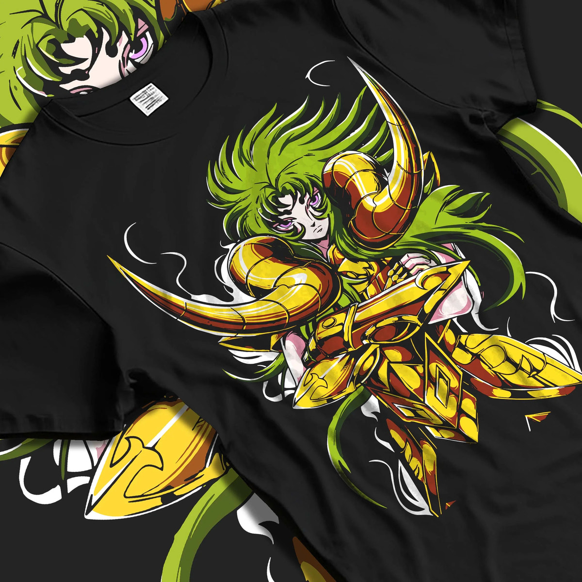 Black T-shirt laid flat with natural folds featuring Aries Mu Gold Saint Saint Seiya zodiac armour artwork.