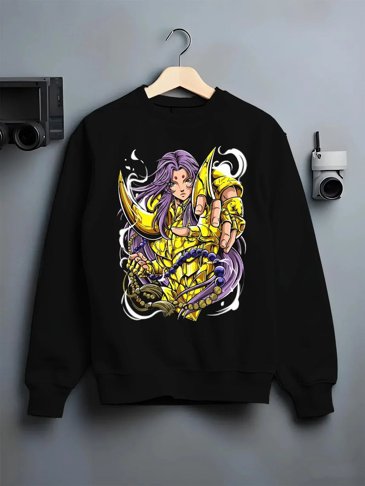 Black crewneck sweatshirt on hanger with Aries Gold Saint Hoodie Saint Seiya Celestial Zodiac graphic bold anime graphic.
