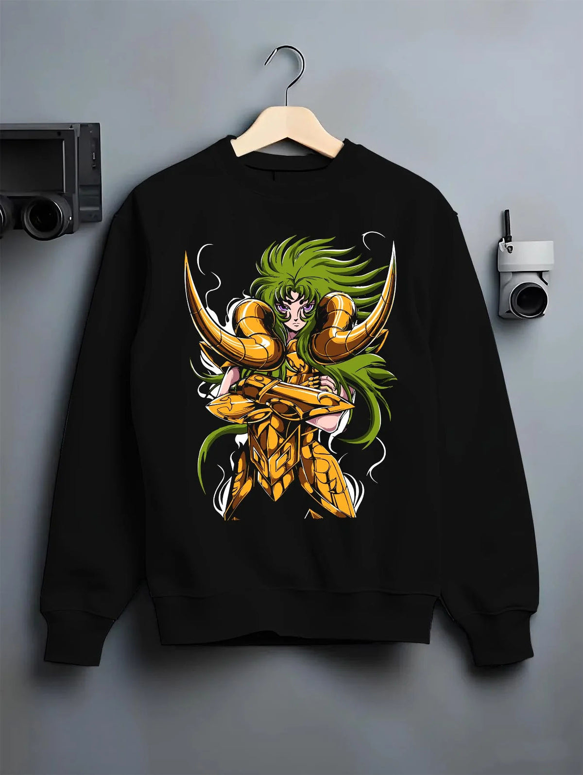 Black crewneck sweatshirt on hanger featuring Aries Mu Gold Saint Saint Seiya zodiac armour artwork.