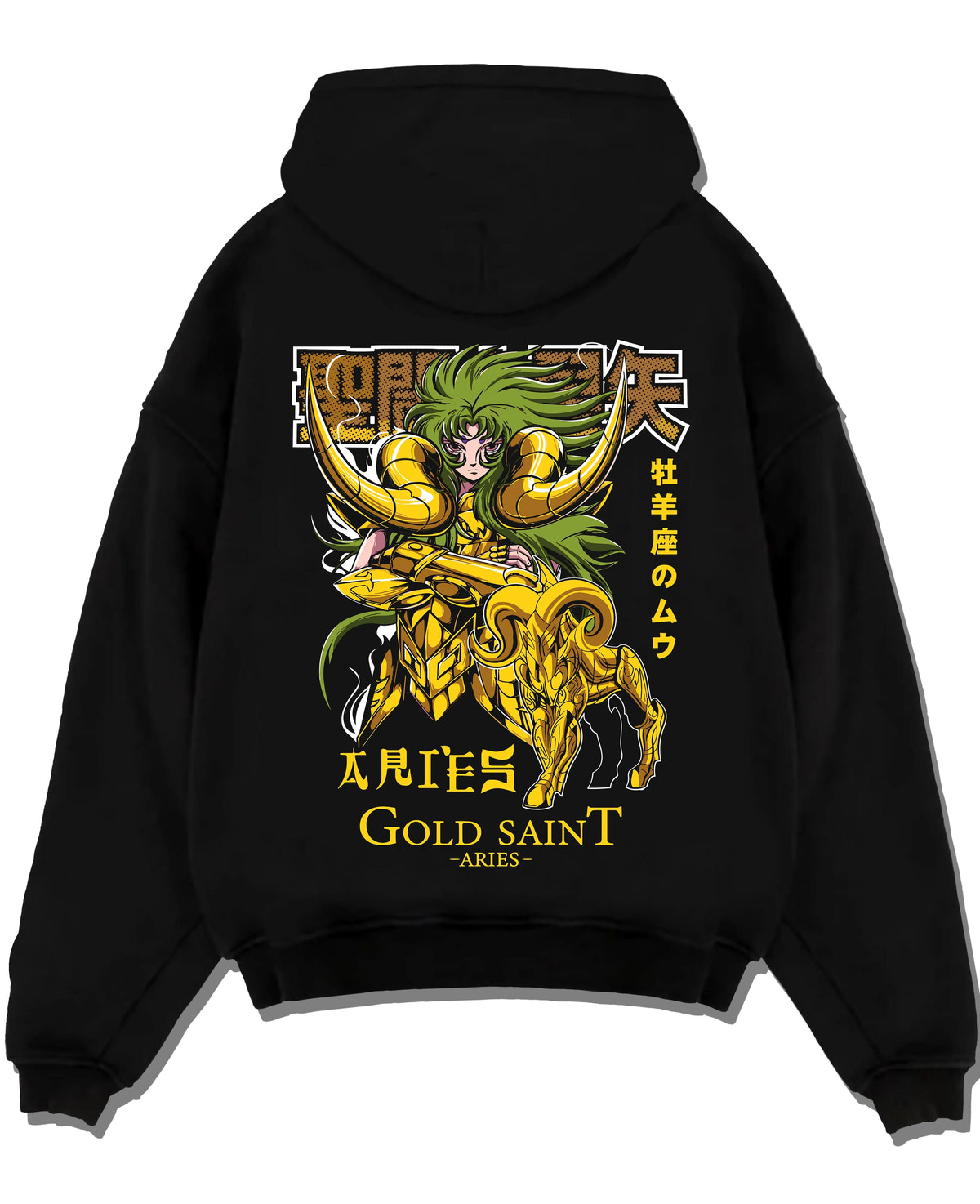Black hoodie laid flat featuring Aries Mu Saint Seiya Gold Cloth cosmic artwork with bold anime graphic print.