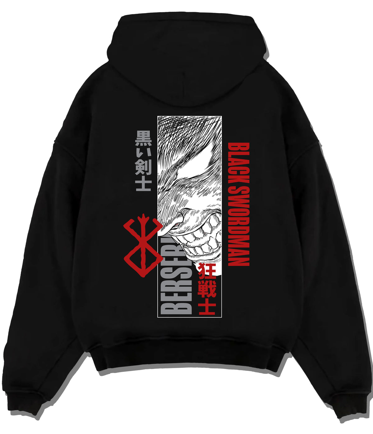 Black hoodie flat back view showing Guts from Berserk: Black Swordsman manga artwork