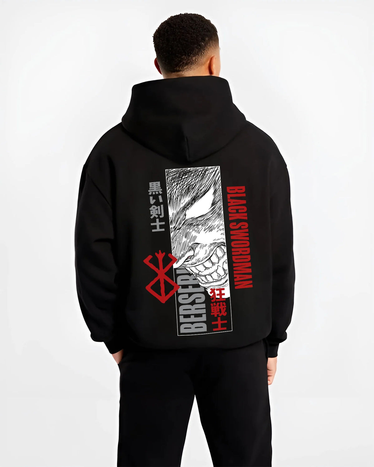 Black hoodie model back view showing Guts from Berserk: Black Swordsman manga artwork