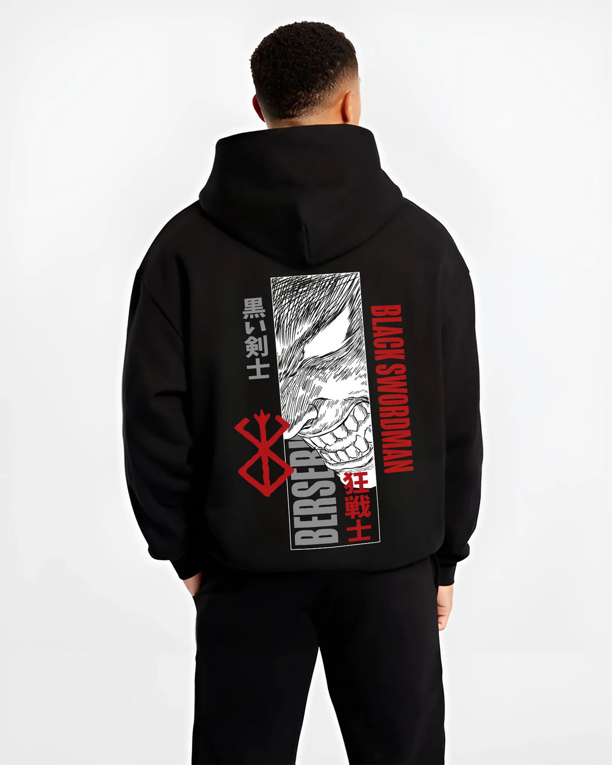 Black hoodie model back view showing Guts from Berserk: Black Swordsman manga artwork