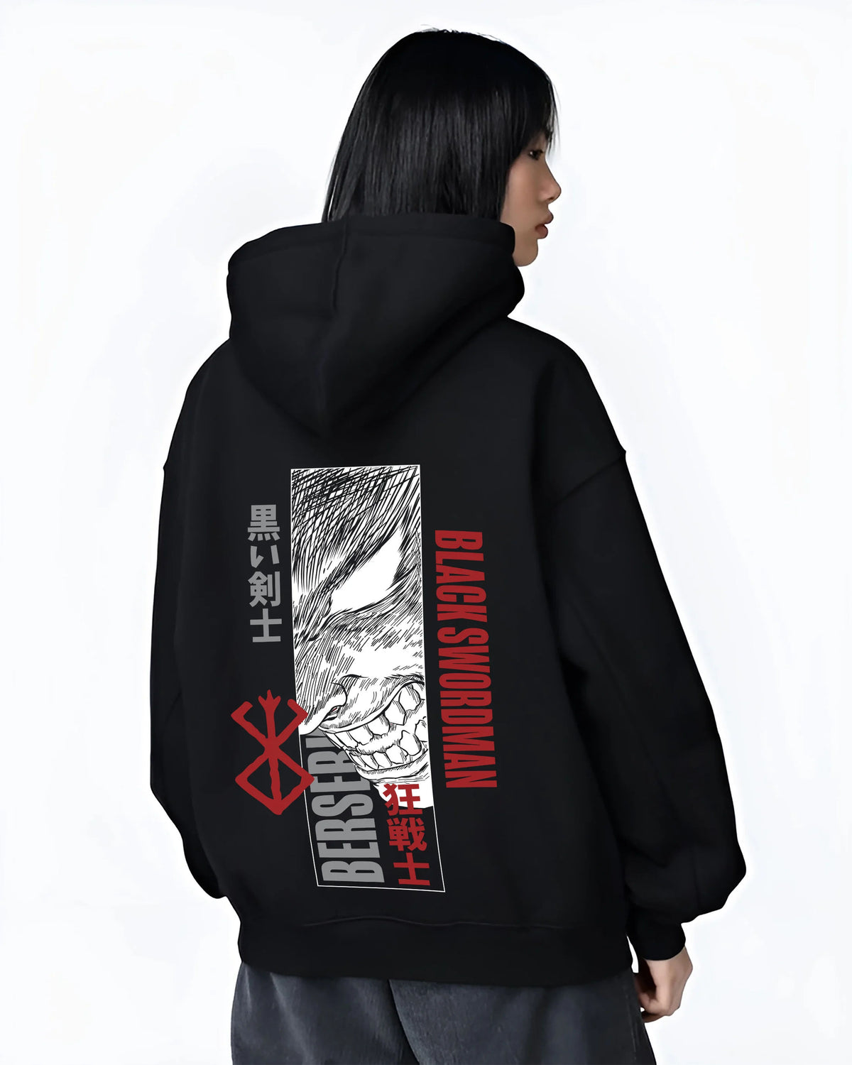 Black hoodie female model back view showing Guts from Berserk: Black Swordsman manga artwork