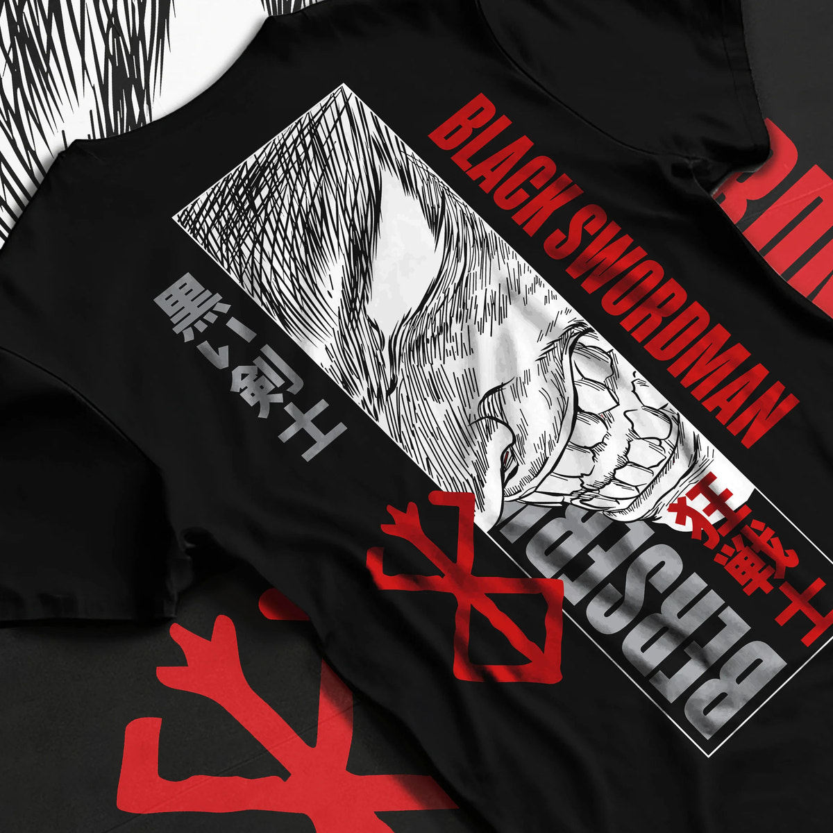 Black T-shirt flat back view showing Guts from Berserk: Black Swordsman manga artwork