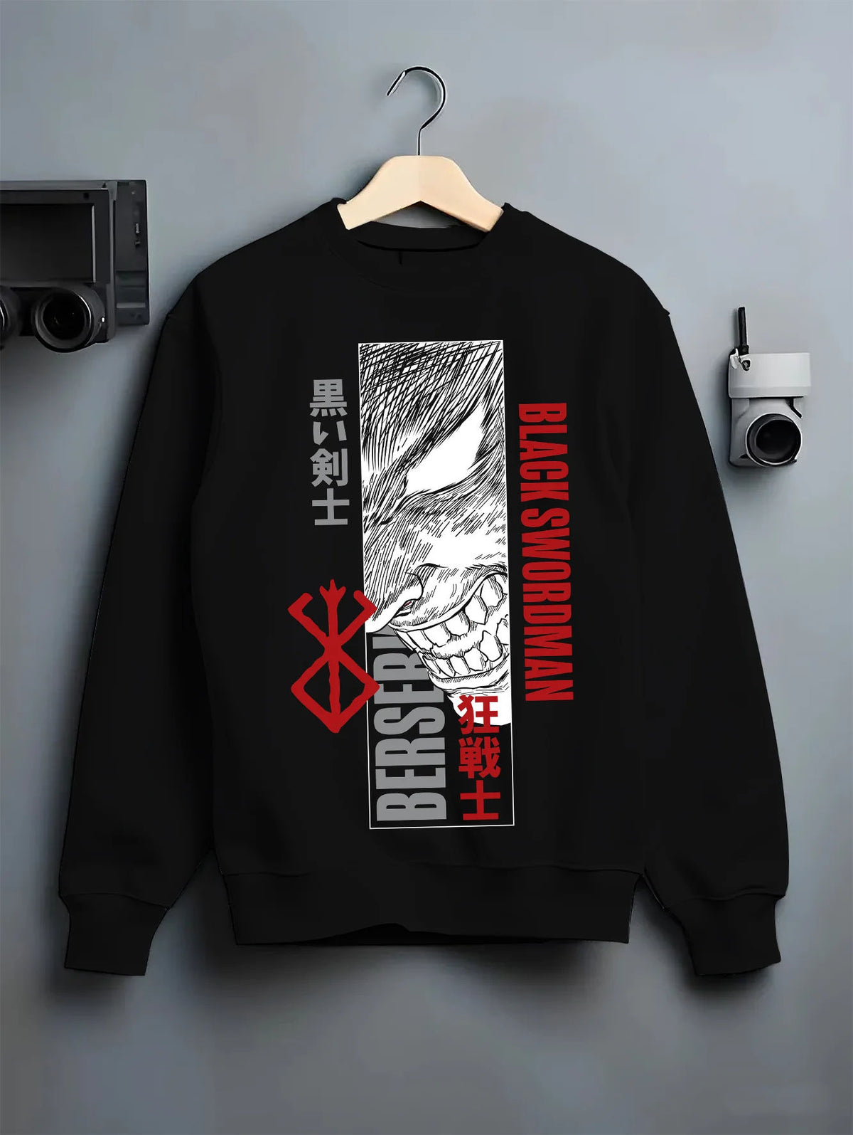 Black crewneck sweatshirt on hanger showing Guts from Berserk: Black Swordsman manga artwork