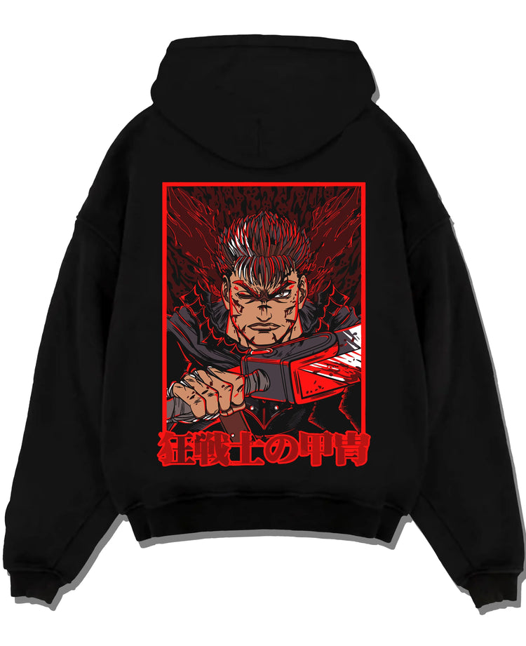 Black pullover hoodie laid flat featuring Guts Berserk anime poster inspired dark manga panel artwork with retro streetwear graphic style.