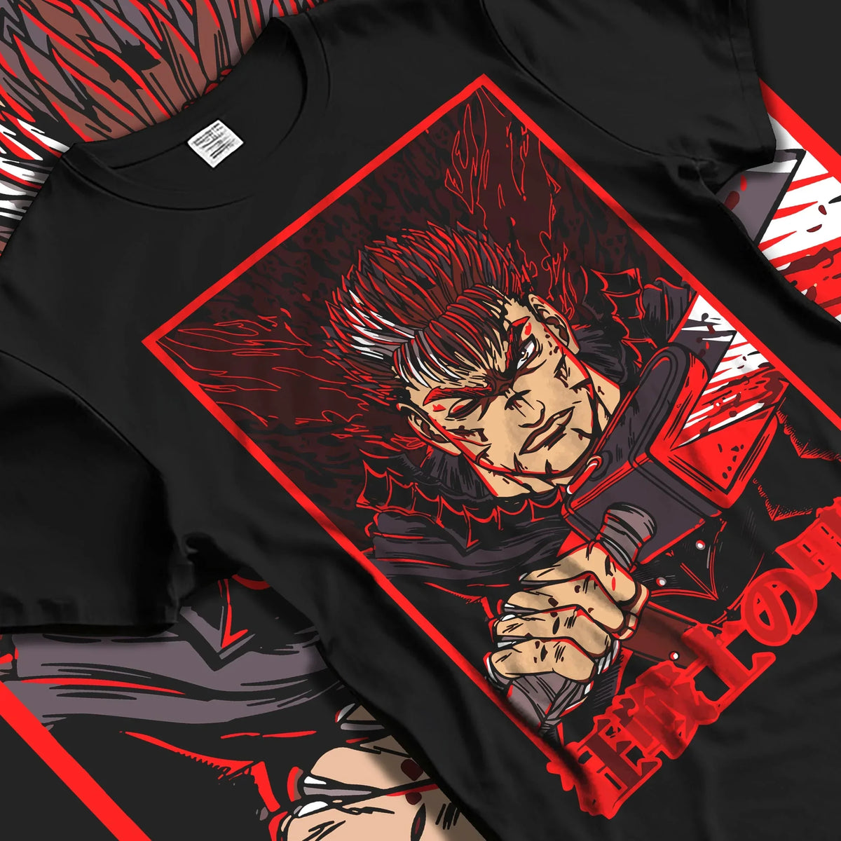 Black T-shirt laid flat with natural folds with Dandadan Turbo Granny Hoodie Lucky Cat Anime Jumper graphic premium wear.