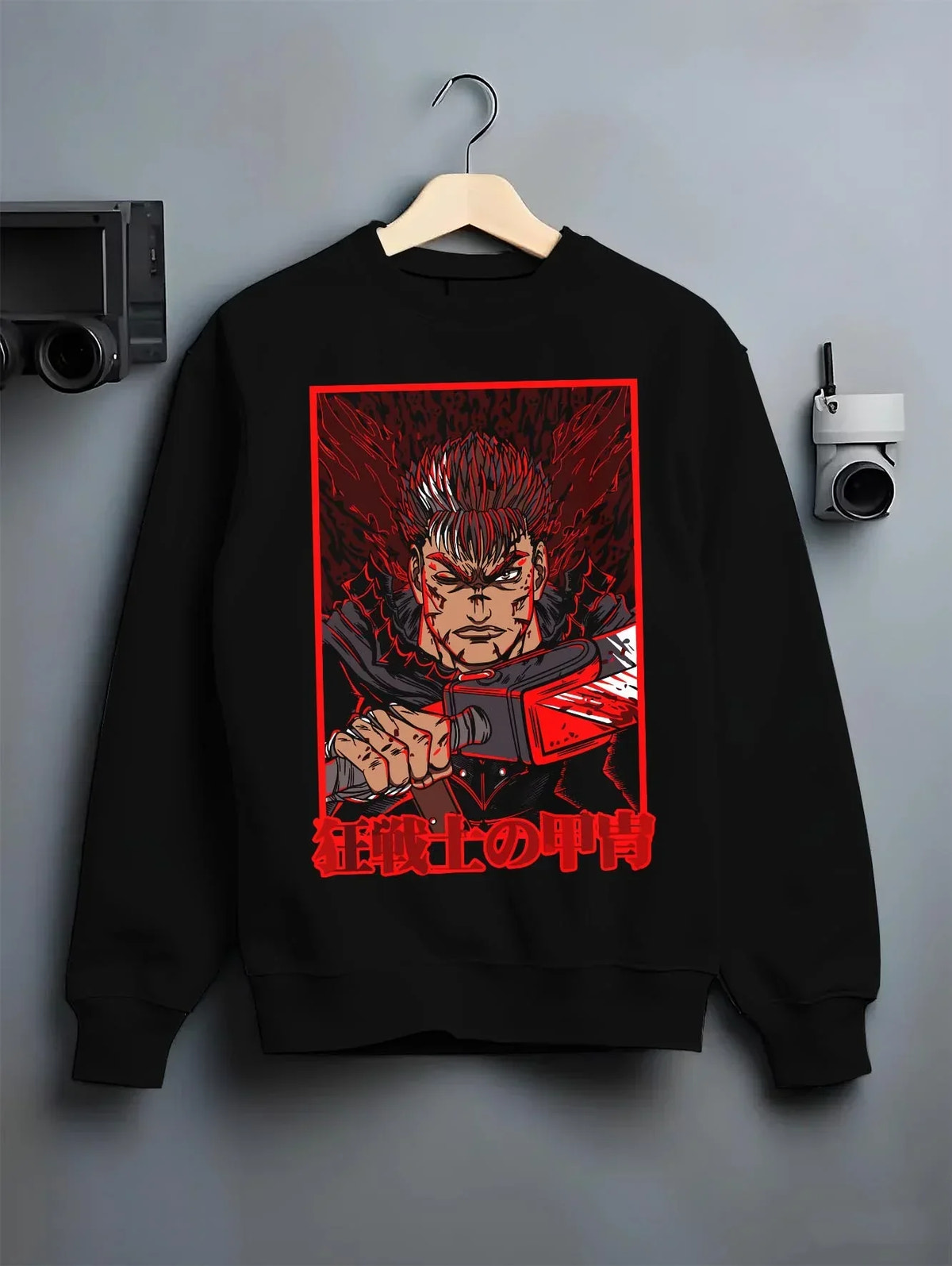 Black crewneck sweatshirt on hanger with Guts Berserk dark manga panel design styled as retro manga artwork Japanese animation streetwear.