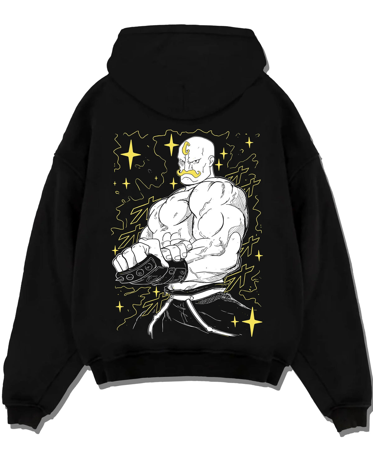 Black pullover hoodie laid flat with Armstrong Hoodie Fullmetal Alchemist Strongman Alchemy graphic bold anime graphic.