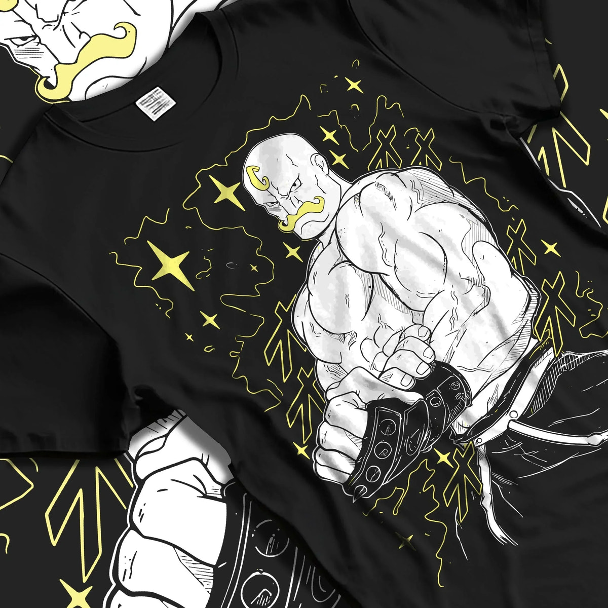 Black T-shirt laid flat with natural folds with Armstrong Hoodie Fullmetal Alchemist Strongman Alchemy graphic streetwear graphic.