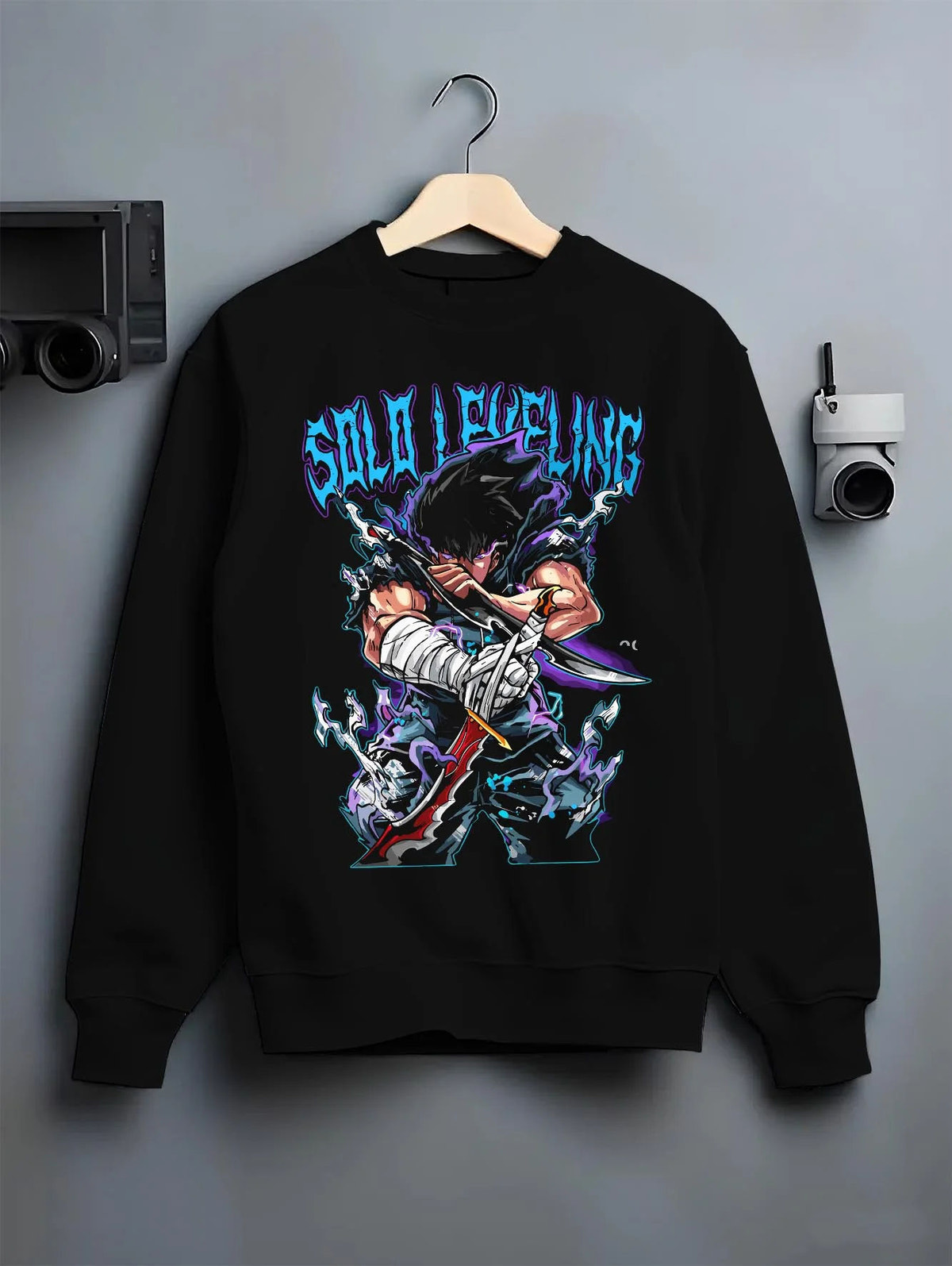 Black crewneck sweatshirt on hanger featuring Amestris Army Fullmetal Alchemist power artwork.