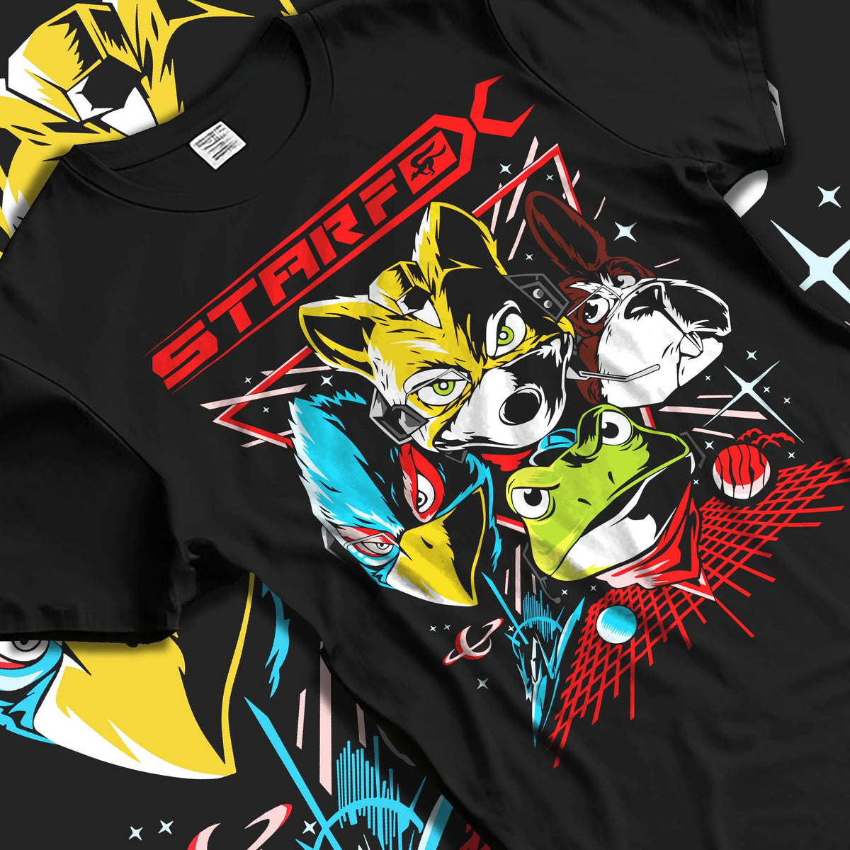 Black T-shirt laid flat with natural folds featuring Fox McCloud Star Fox Arwing pilot artwork.