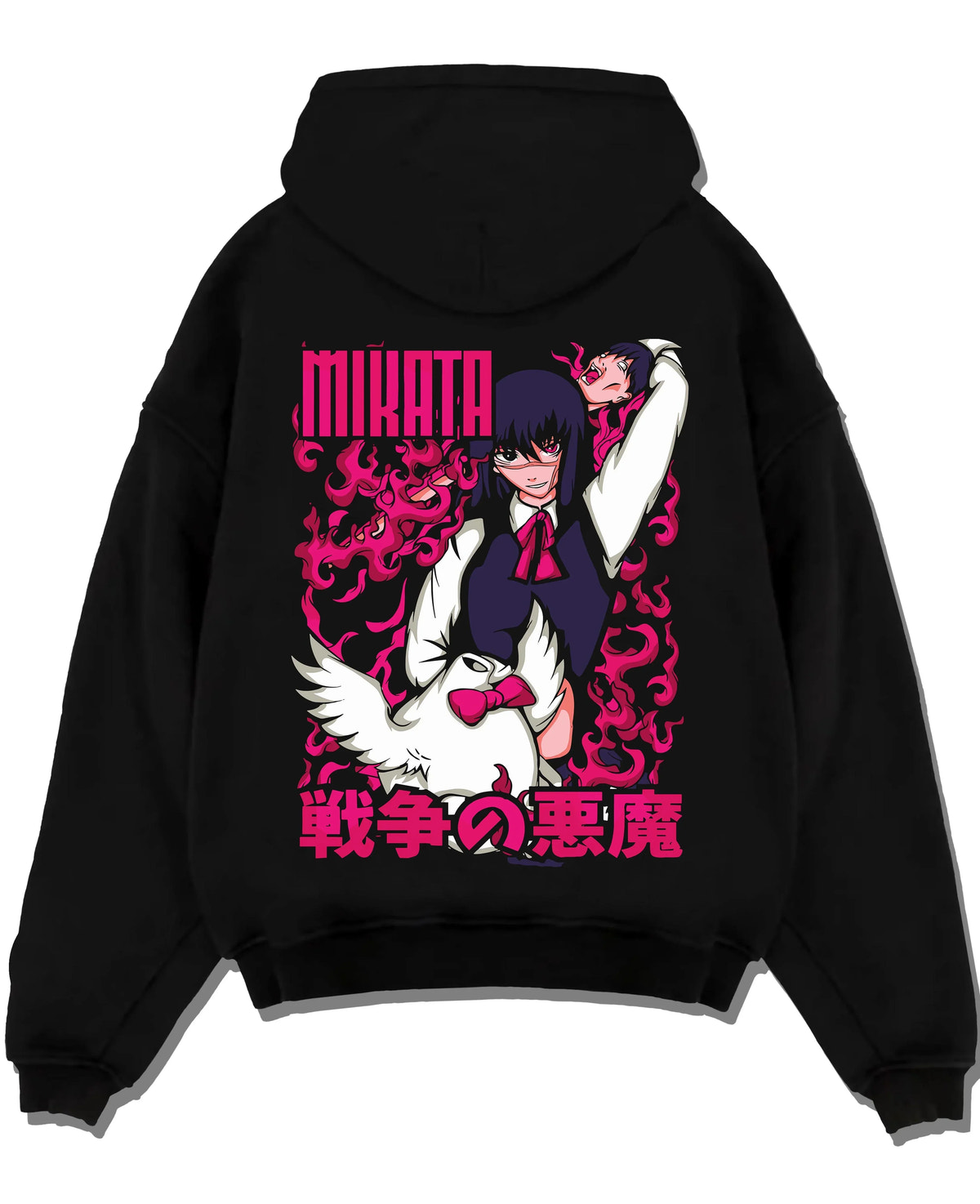 Black pullover hoodie laid flat with Ai Mikata Hoodie Warau Salesman Gothic Flame Anime graphic premium wear.