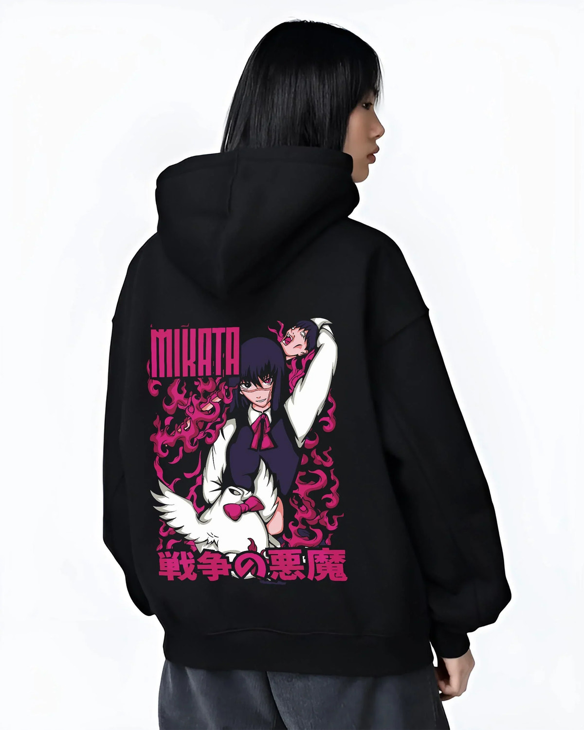 Black hoodie worn by female model, back view with Ai Mikata Hoodie Warau Salesman Gothic Flame Anime graphic streetwear graphic.