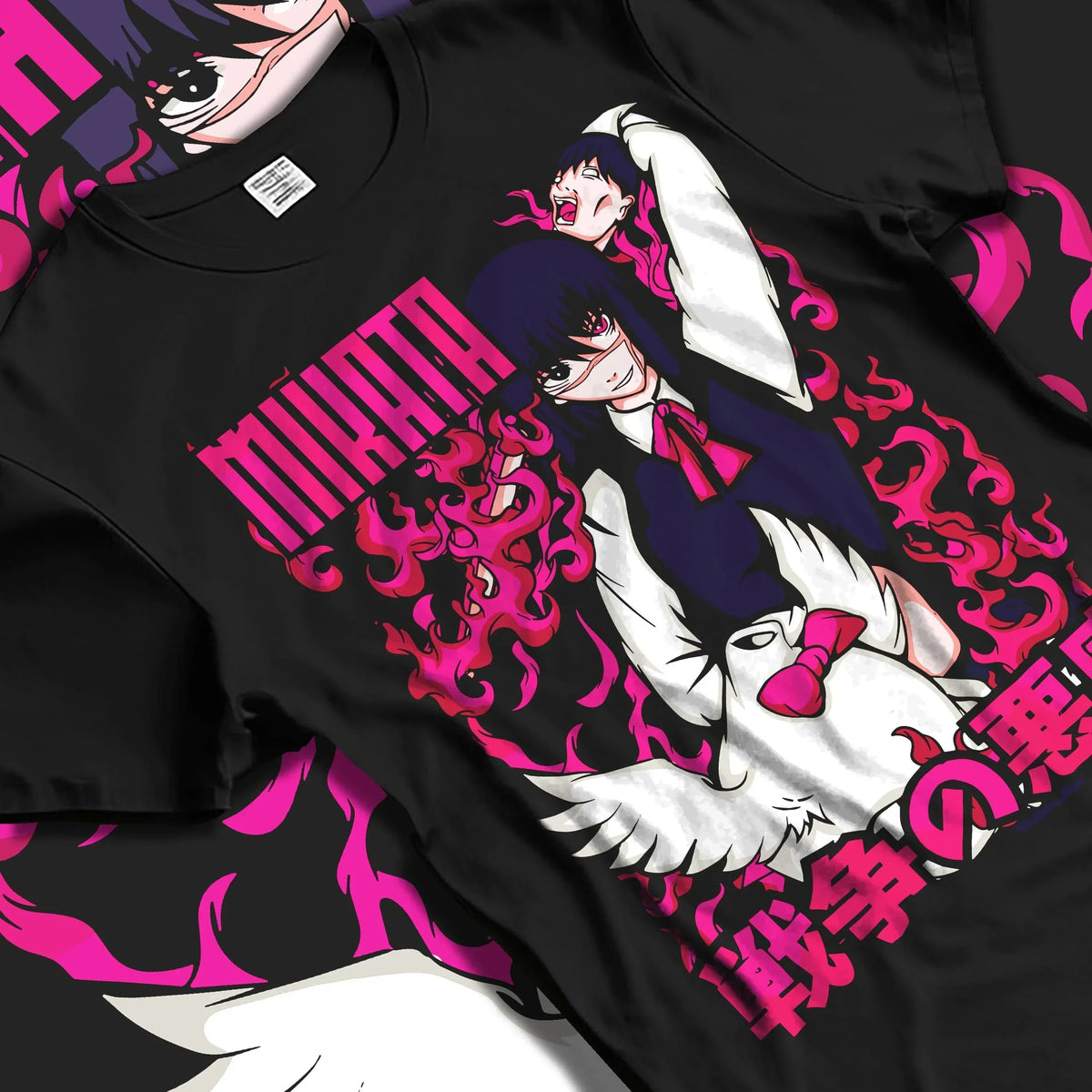 Black T-shirt laid flat with natural folds with Ai Mikata Hoodie Warau Salesman Gothic Flame Anime graphic streetwear graphic.