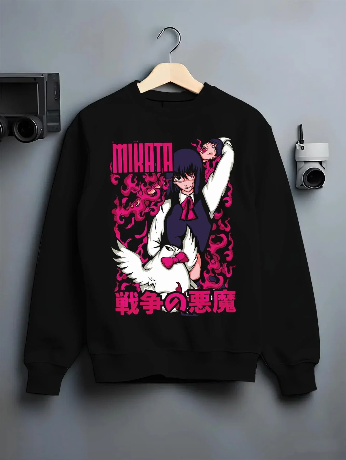 Black crewneck sweatshirt on hanger with Ai Mikata Hoodie Warau Salesman Gothic Flame Anime graphic bold anime graphic.