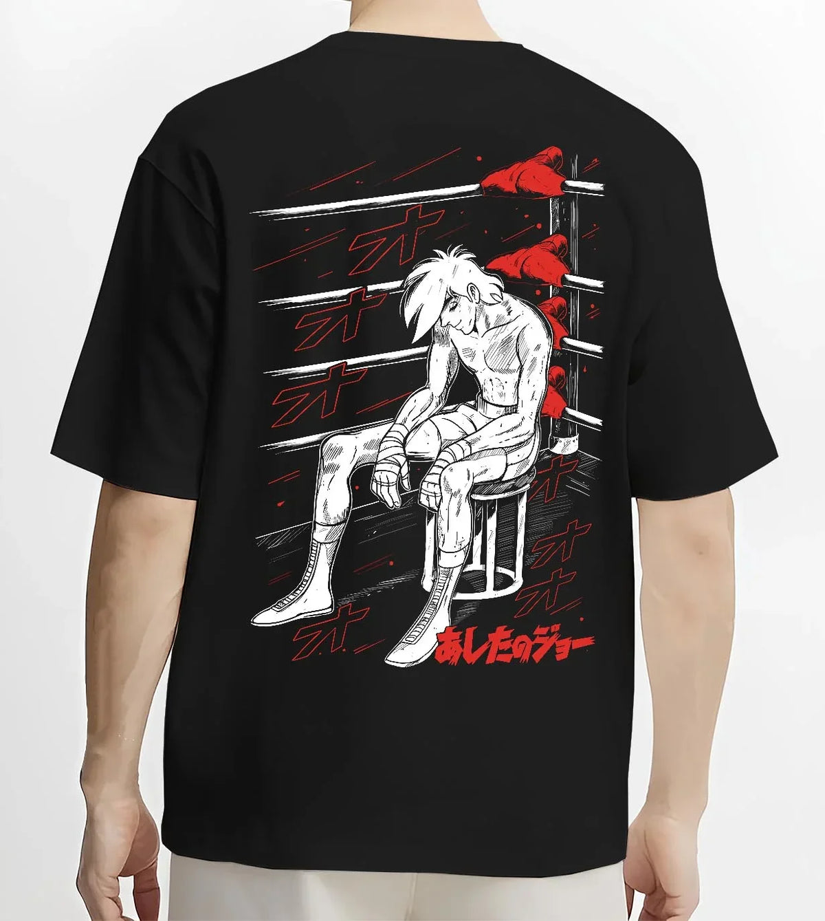 Black T-shirt worn by male model, back view with Shiro Hoodie Great Pretender Retro Anime Chair Scene graphic Shiro anime design.