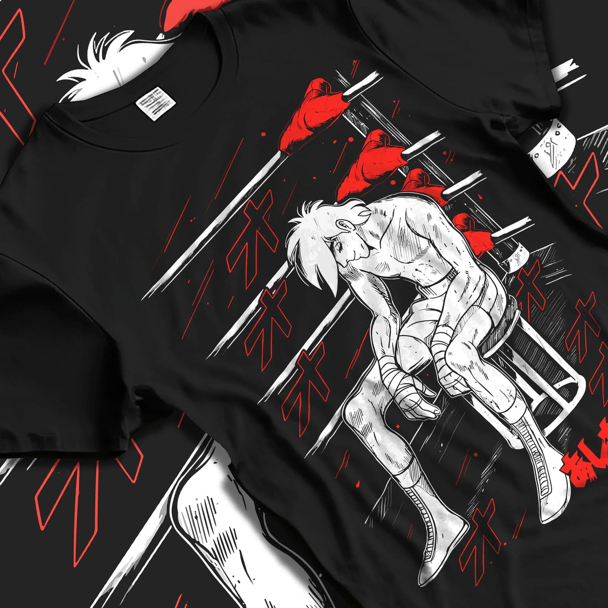Black T-shirt laid flat with natural folds with Shiro Hoodie Great Pretender Retro Anime Chair Scene graphic bold anime graphic.