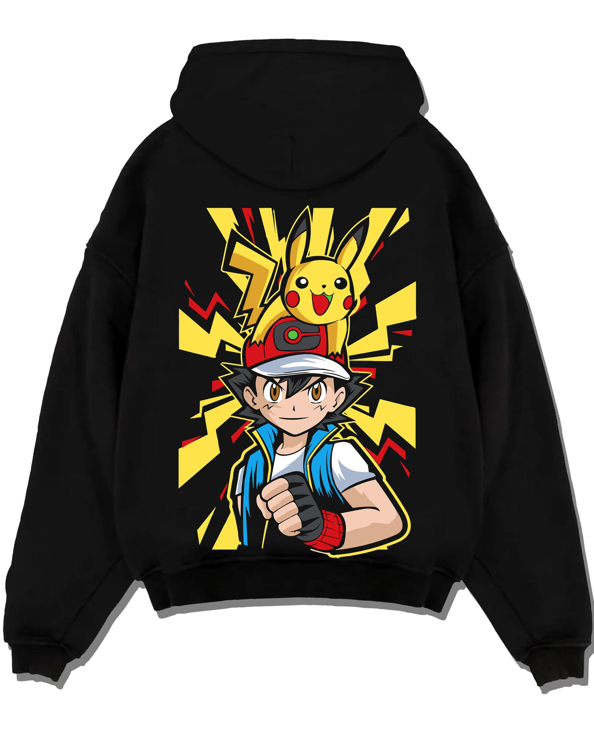 Black hoodie laid flat featuring Ash Ketchum and Pikachu Pokémon journey artwork with bold anime graphic print.
