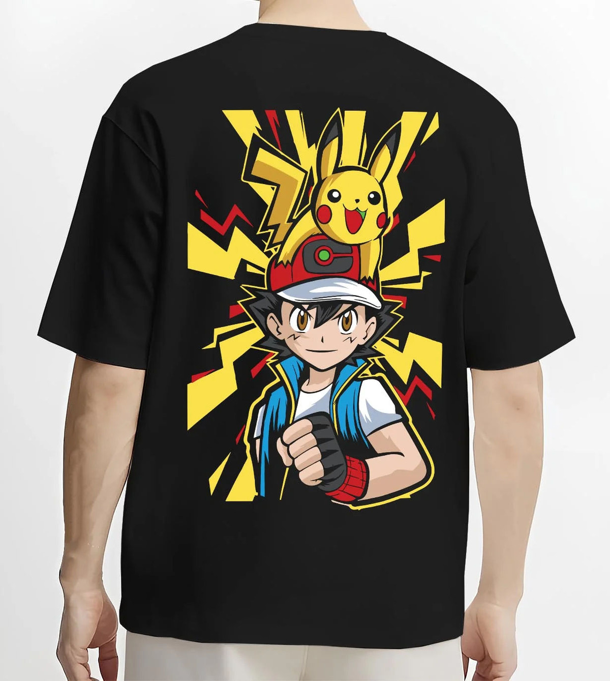 Black T-shirt worn by male model from the back featuring Ash Ketchum and Pikachu Pokémon journey artwork.
