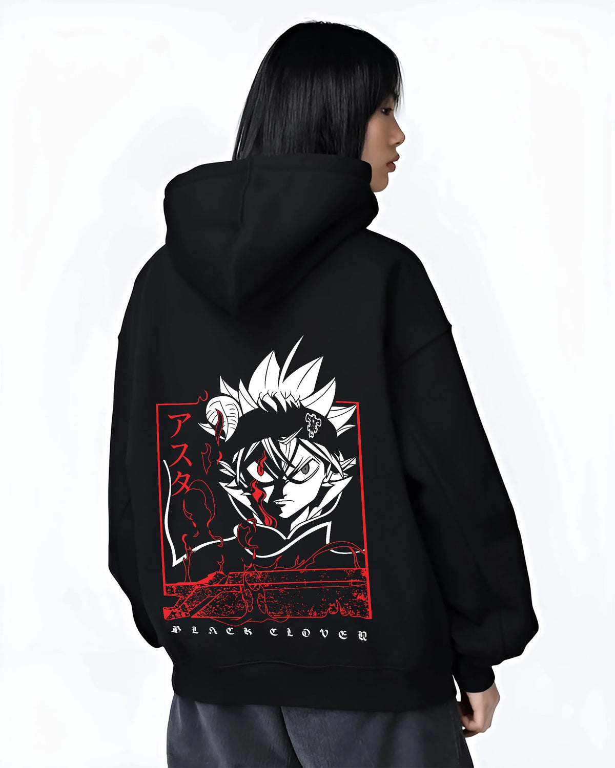 Black hoodie female model back view showing Asta from Black Clover: anti-magic portrait
