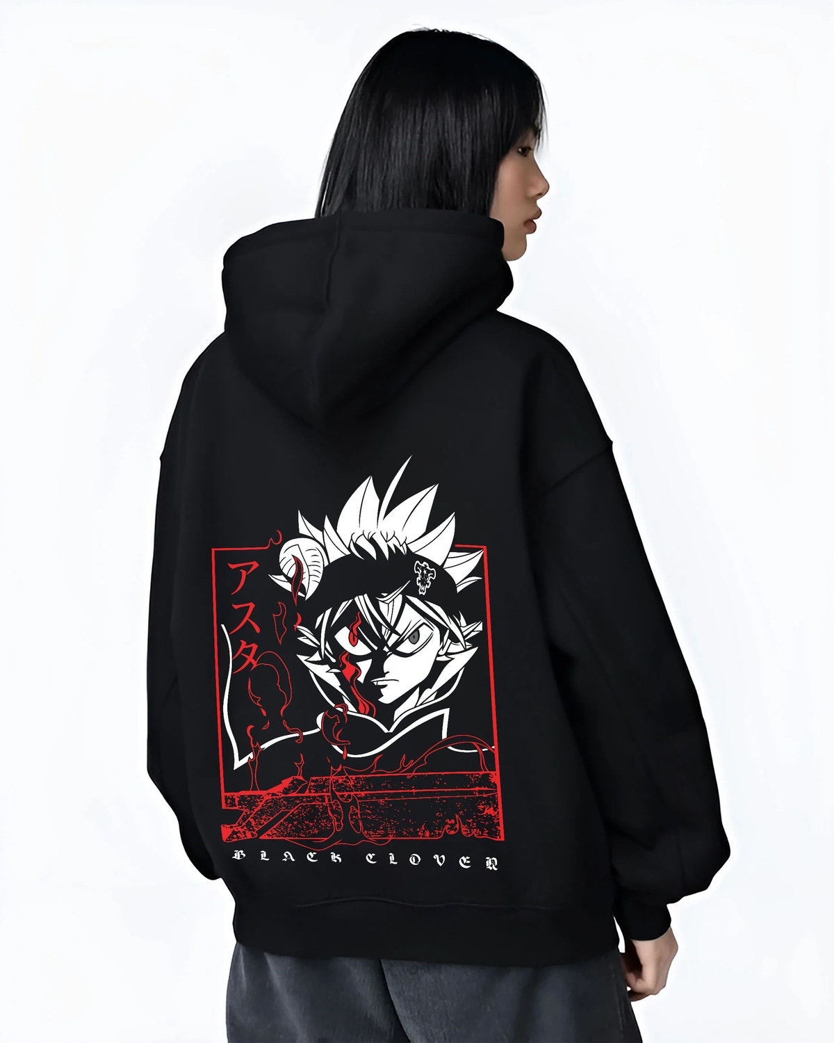 Black hoodie female model back view showing Asta from Black Clover: anti-magic portrait