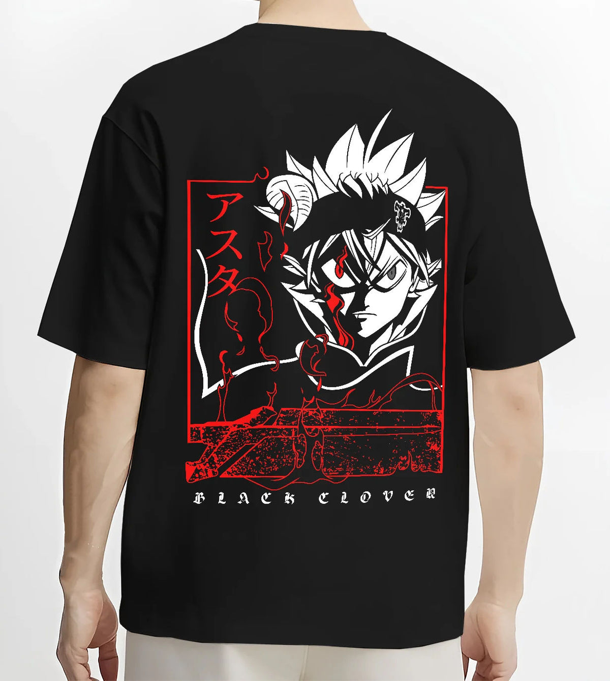 Black T-shirt model back view showing Asta from Black Clover: anti-magic portrait